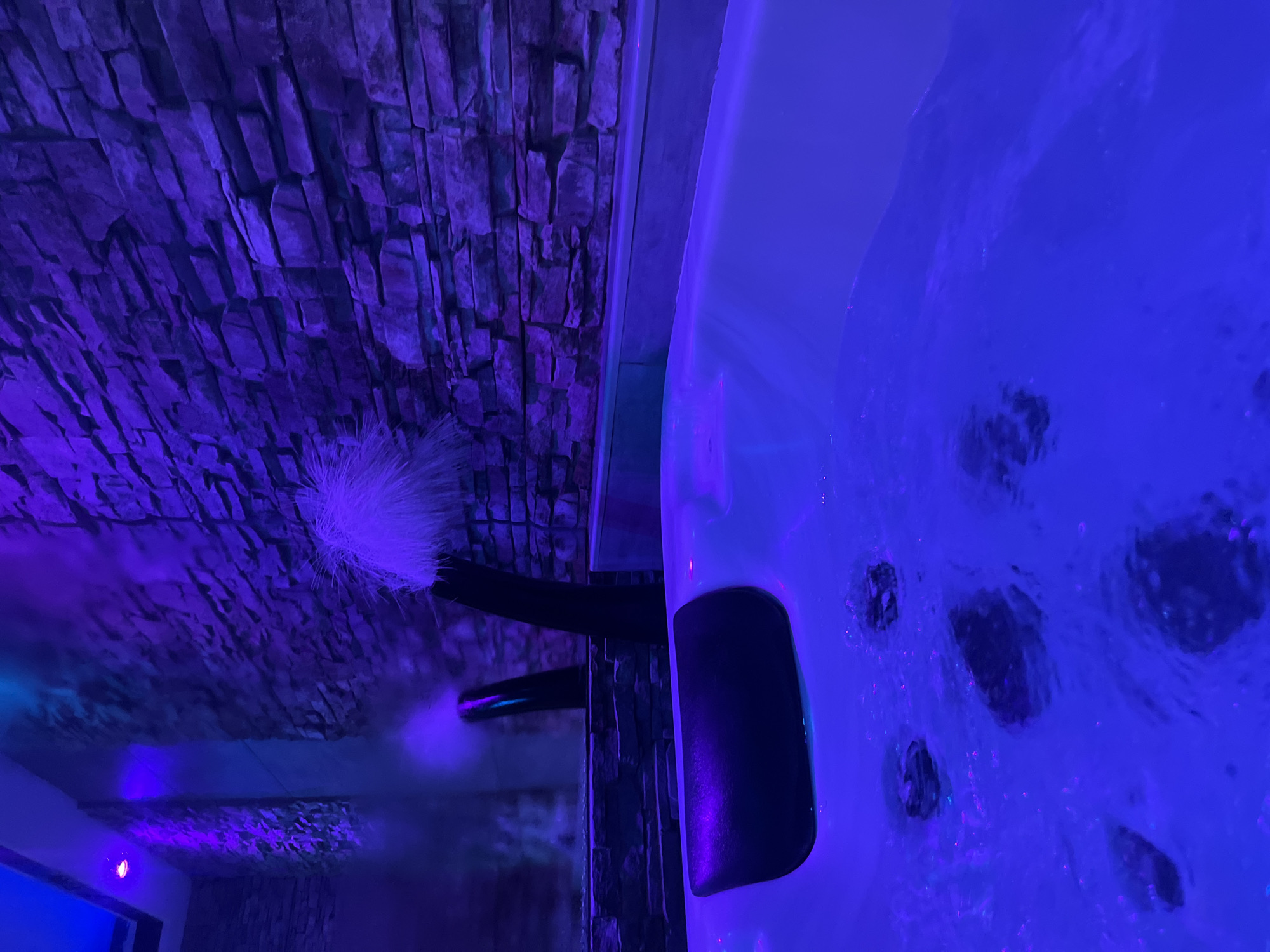 The image depicts a room with a hot tub, possibly a spa or relaxation area. The walls are covered in stacked stone, illuminated by blue lighting. A decorative white feather duster sits near the wall. The hot tub is white with built-in jets and appears to be filled with water. There is a black pillow against the side. There is no information available regarding the City of Zagreb, Croatia. The location is unconfirmed, based on the provided information.