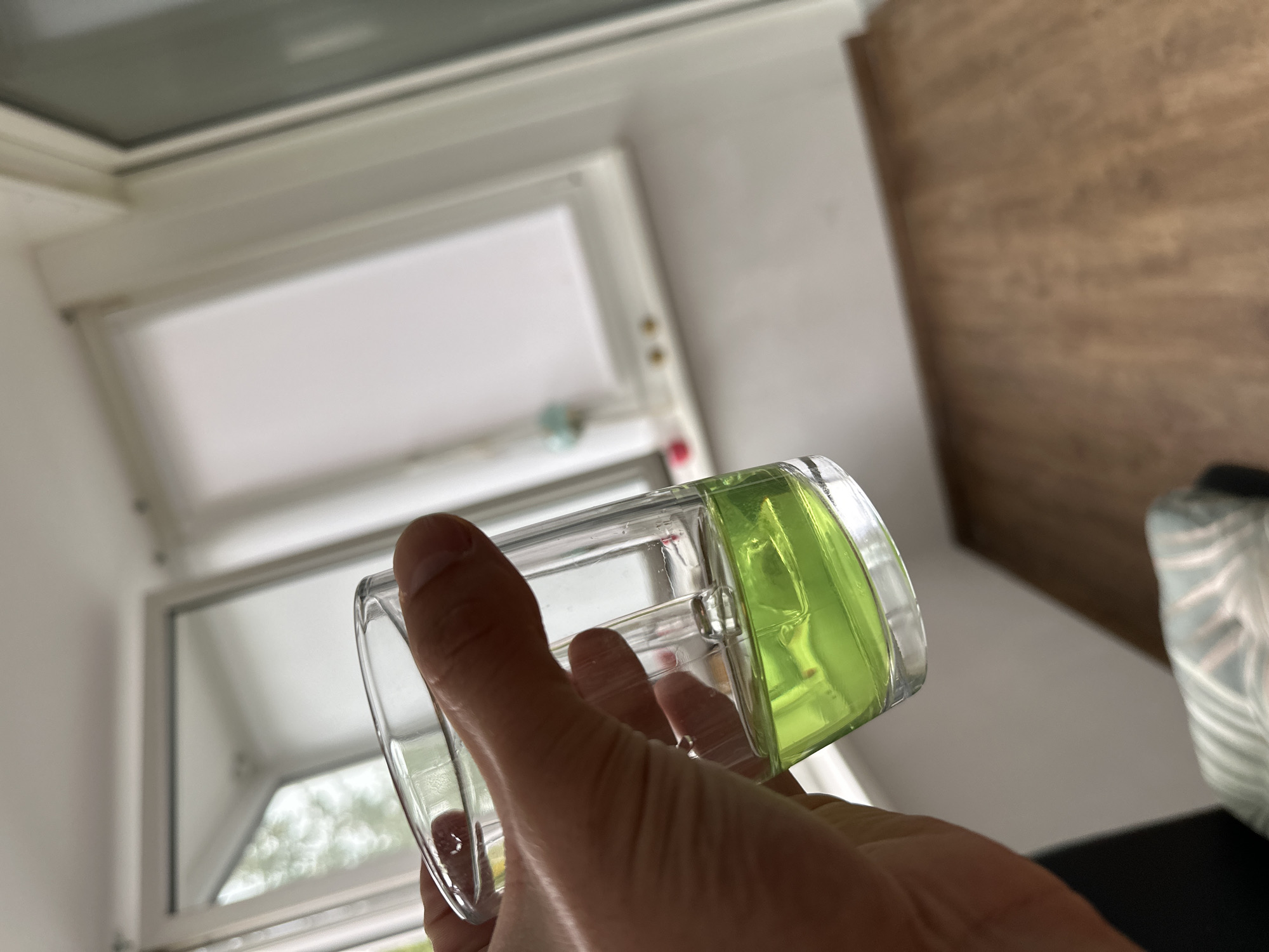 A person's hand holds a clear glass containing a bright green liquid. The glass is tilted, with the liquid filling approximately one-third of its volume. A portion of a window with white blinds is visible in the background, along with a wooden floor and what appears to be furniture. The scene is likely an indoor setting, possibly a residential balcony or room, with natural light entering from the window. The image does not provide specific information about the location in the city of Hamm, Germany.