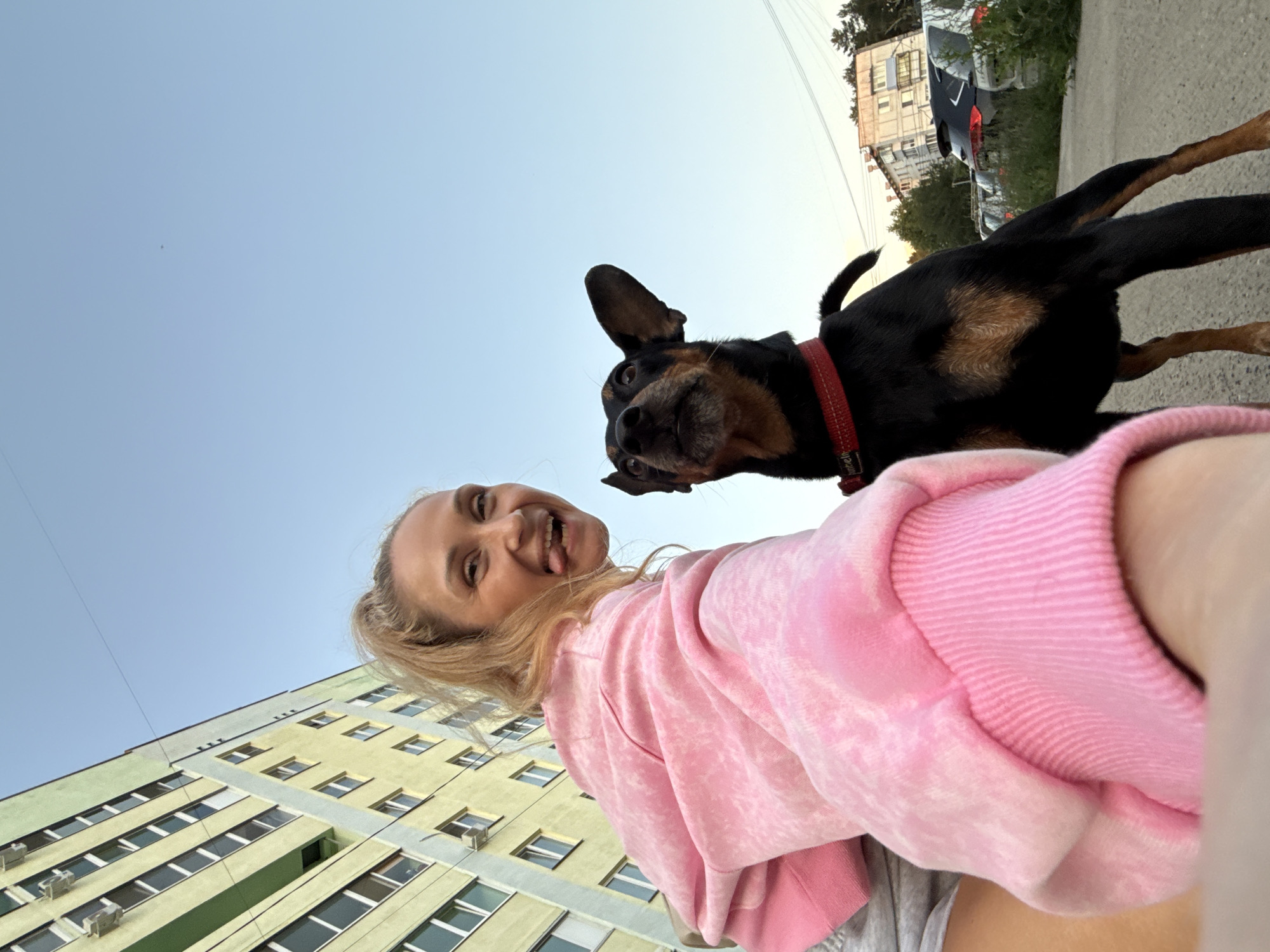 A low-angle, outdoor, eye-level shot captures a woman with blonde hair pulled into a ponytail, sticking her tongue out as she takes a selfie. She is wearing a pink, tie-dye hoodie and grey shorts. To her right and slightly in front of her is a small black and tan dog wearing a red collar. The dog is looking up and to its left. In the background, a pale yellow apartment building with green accents stands against a clear blue sky. Further in the background, cars are parked along a paved area, with trees and other buildings visible. The image appears to have been taken in the city of Chaikovsky, Russia.