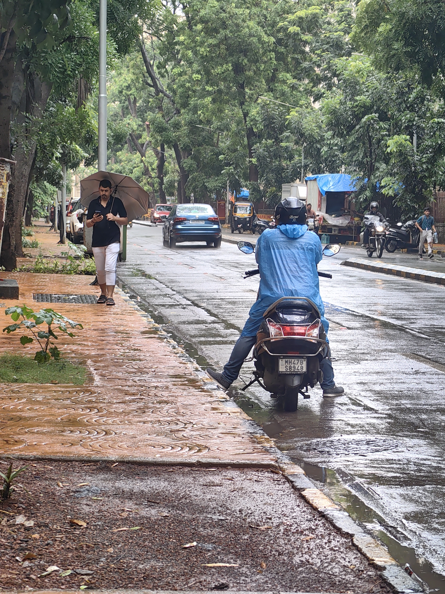 This is a forensic, matter-of-fact description of a street scene in Mumbai, India. The image depicts a rainy day on a city street, characterized by wet pavement, puddles, and lush green trees lining the sides.
In the foreground, a man is walking on a wet, patterned sidewalk, holding a closed umbrella over his head and looking at his phone. He is wearing a black polo shirt and white pants. Next to the sidewalk, a small plant grows from the damp ground.
The street itself is wet and reflective, with water pooling in various areas. Several vehicles are present: a blue car is driving away from the viewer, a white car is parked on the left, and an auto-rickshaw is visible further down the street. In the middle ground, a person is riding a scooter, wearing a bright blue raincoat and a helmet. The scooter's license plate is visible. Further back, two motorcycles are parked, and a person on a motorcycle is driving away from the viewer.
The background features dense foliage from trees, suggesting an urban area with significant greenery. There are also some temporary structures with blue tarps, likely roadside stalls or shelters, and a few people are visible walking in the distance. The overall atmosphere is that of a typical monsoon day in Mumbai, with the rain impacting visibility and surface conditions.