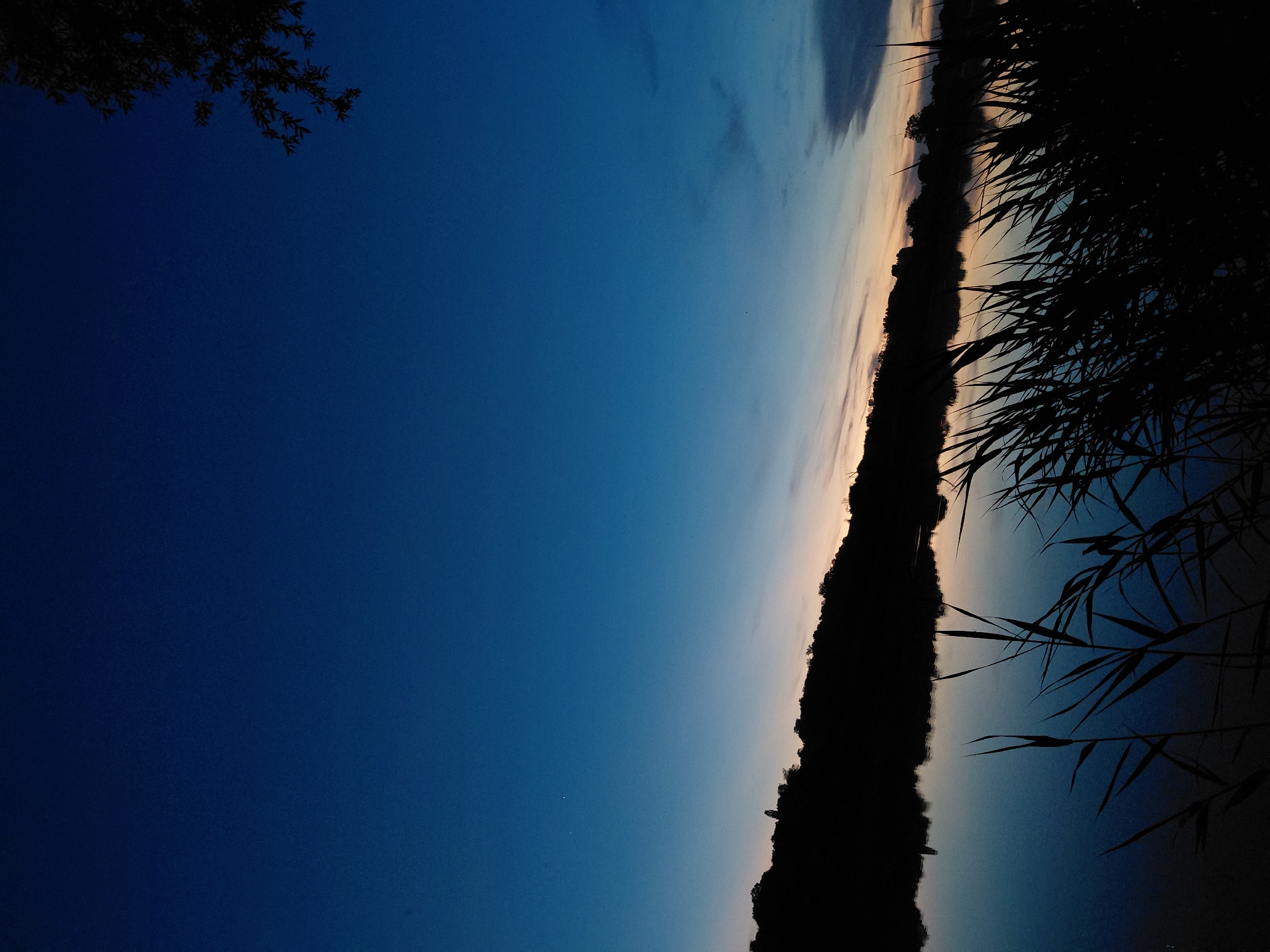 The image depicts a tranquil body of water at dusk, with a silhouetted treeline along the far bank. The sky transitions from a deep blue at the top to lighter shades of blue and orange near the horizon, indicating the sun has recently set. Tall reeds in the foreground are also silhouetted against the water and sky. A single small star is visible in the upper left quadrant of the sky. The scene appears to be a natural landscape, possibly a lake or river, in the vicinity of Ustyvytsia, Ukraine. There are no people or discernible actions in the image. The overall mood is serene and peaceful.