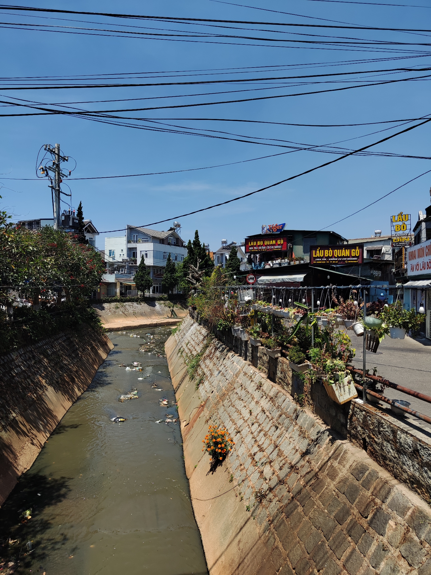 The image shows a canal running through a built-up area in what appears to be Cam Ly - Đà Lạt, Vietnam. The canal is flanked by concrete and stone embankments, and the water is visibly polluted with litter. On the right side of the canal, a street runs alongside the embankment. Several businesses, including restaurants, are visible along the street. The signage identifies at least two of these as "LẨU BÒ QUÁN GỖ", which translates to "Beef Hot Pot Restaurant". There are power lines overhead that crisscross the sky. The scene is bathed in bright daylight, suggesting a clear day. Houses and trees are seen in the background.