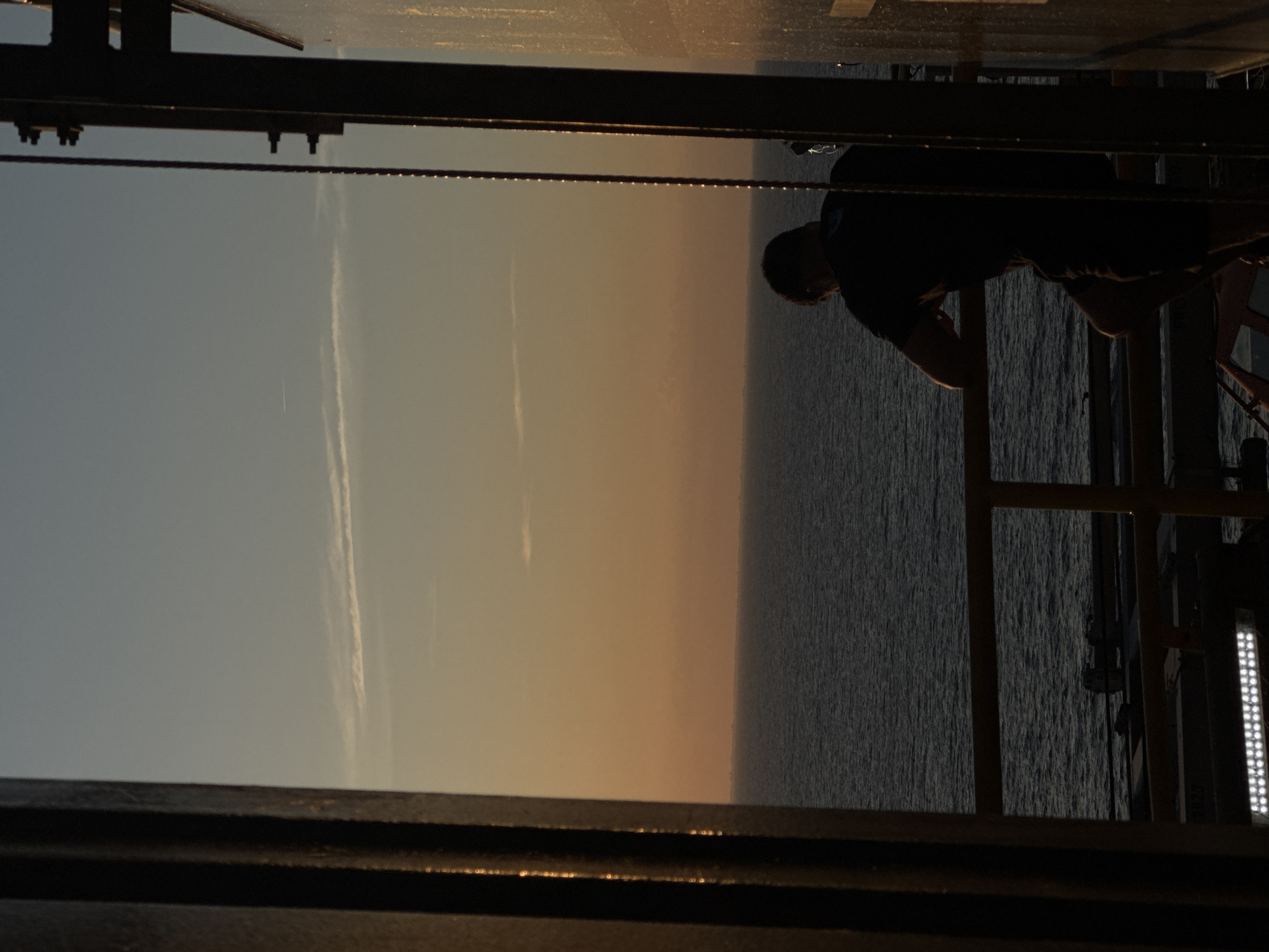 A man stands on a structure overlooking water, potentially the sea, as the sky transitions through shades of light blue, orange, and dark blue. The structure is made of metal. The photograph appears to be taken from inside another structure looking out, with metal framework visible at the top and bottom of the frame. The image is oriented vertically.