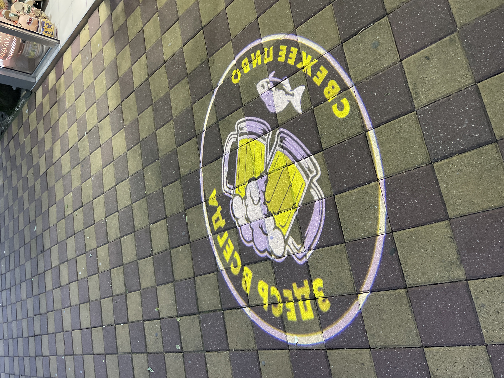 The image shows a projection on a checkered tile sidewalk. The projection is circular and features two beer mugs with foam, a fish above them, and the words "СВЕЖЕЕ ПИВО ВСЕГДА" (Fresh Beer Always). The projection is likely an advertisement for a bar or restaurant. The location is in Sochi, Russia, given the Russian language.