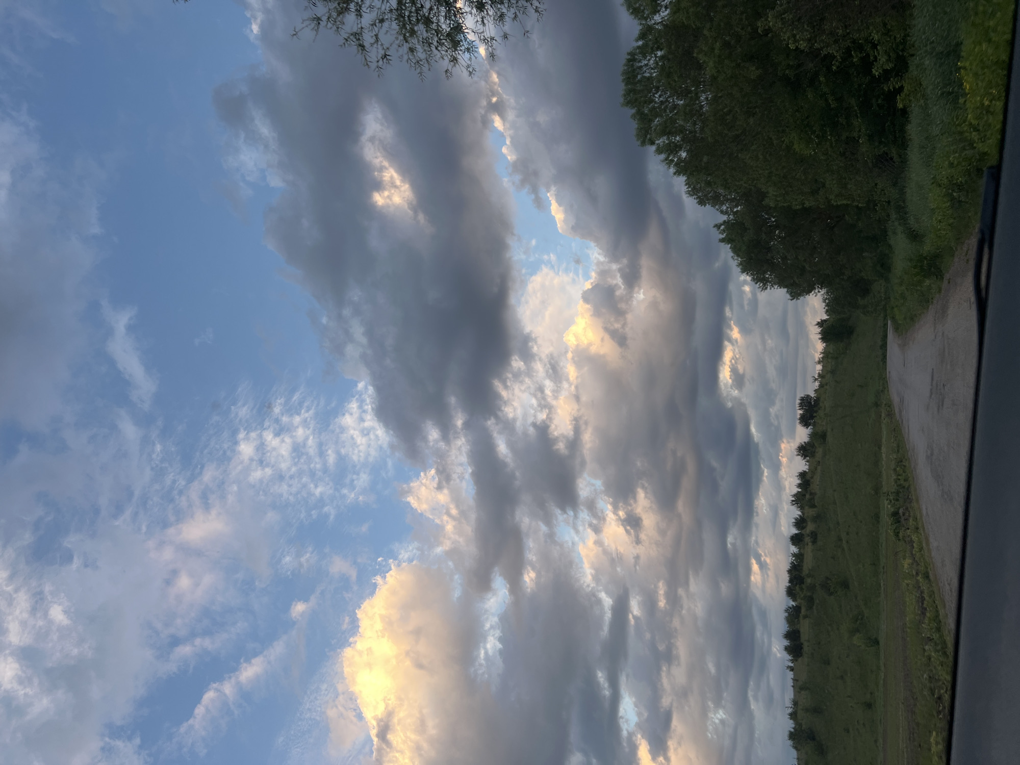 The image shows a view from inside a vehicle, possibly a car, capturing a landscape and sky. The setting seems to be a rural area, possibly a field or open space, as evidenced by the green vegetation and trees along the side of what appears to be a road. The sky is prominently featured, with a mix of clouds that vary in density and color, including grays and whites with hints of yellow, possibly from the sun. There is no visible city or indications of a specific urban location. The scene does not include any people visible in the frame. The environment is dominated by the natural landscape and the sky's atmospheric conditions.