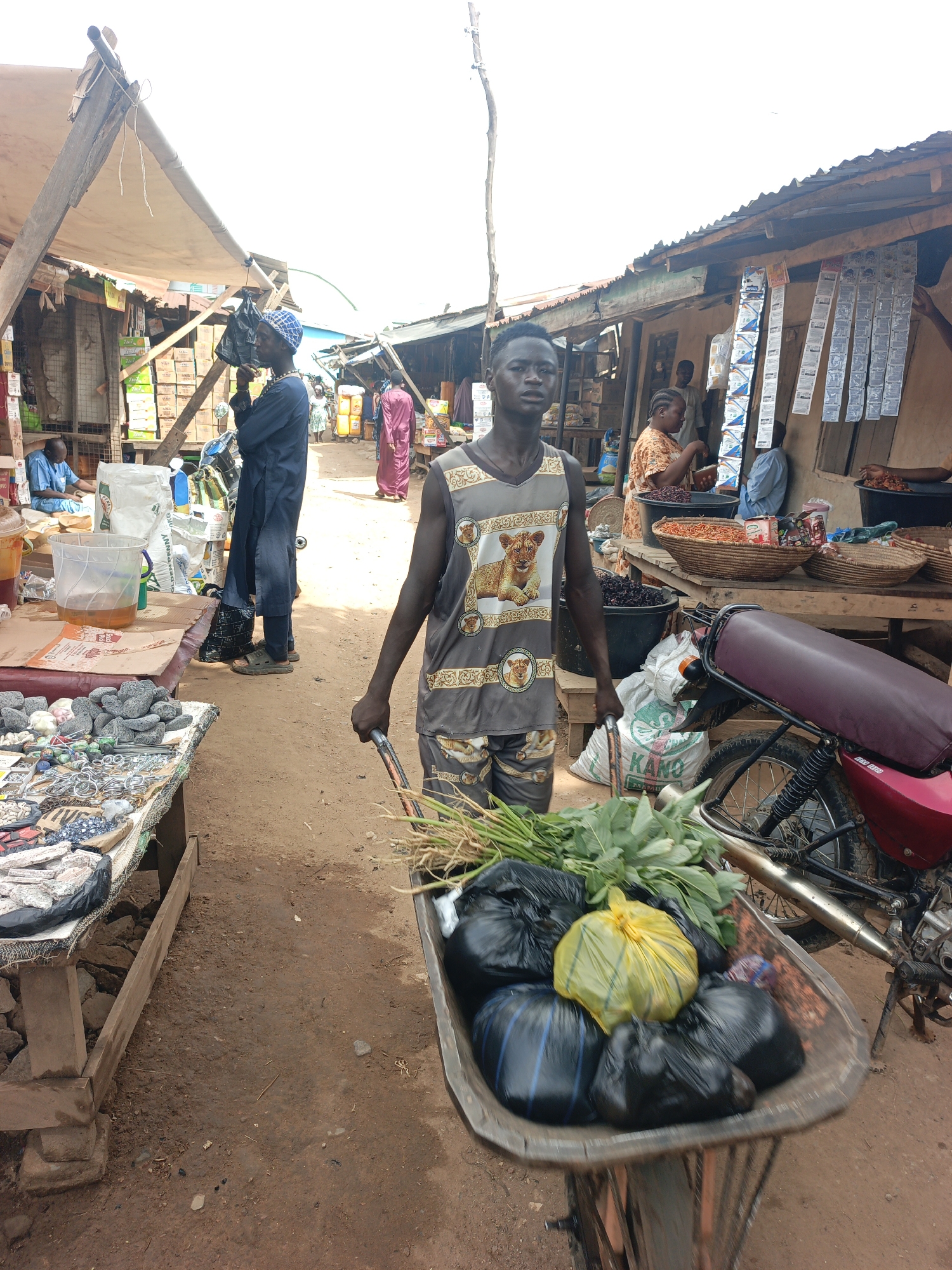The image shows a scene in Akwanga, Nigeria, at a bustling outdoor market. In the foreground, a young man stands pulling a wheelbarrow. The wheelbarrow is filled with black plastic bags, a yellow plastic bag, and green leafy vegetables. The man is wearing a sleeveless shirt with a lion cub design and matching shorts. He is looking directly at the camera.
To the left, a table displays various items, including stones and metal objects, likely for sale. Behind the man, there is a motorcycle parked. Several people are visible in the background, conducting business at various stalls, which display food items and other merchandise. The market appears to be sheltered by makeshift awnings and structures. The ground is predominantly dirt, consistent with an open-air market environment. Strips of packets hang on the walls behind the motor cycle.