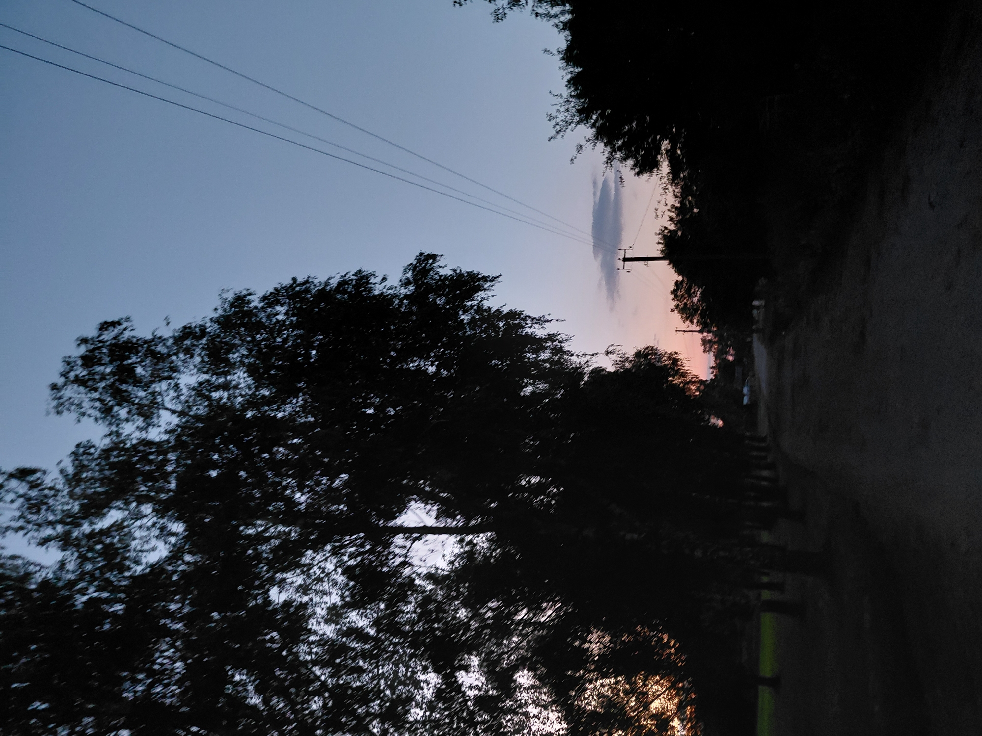 The image depicts a twilight scene on a dirt road in Ustyvytsia, Ukraine. Silhouetted trees line the left side of the road, their foliage dense and dark against the pale blue and pink gradient of the evening sky. Power lines are visible stretched across the upper right portion of the frame, supported by a utility pole with a crossbar, also in silhouette. The road itself is unpaved and appears to be a rural track. The environment suggests a quiet, possibly natural or semi-rural setting on the outskirts of the town. There are no people or discernible animals present. The overall impression is one of serene dusk in a Ukrainian village.