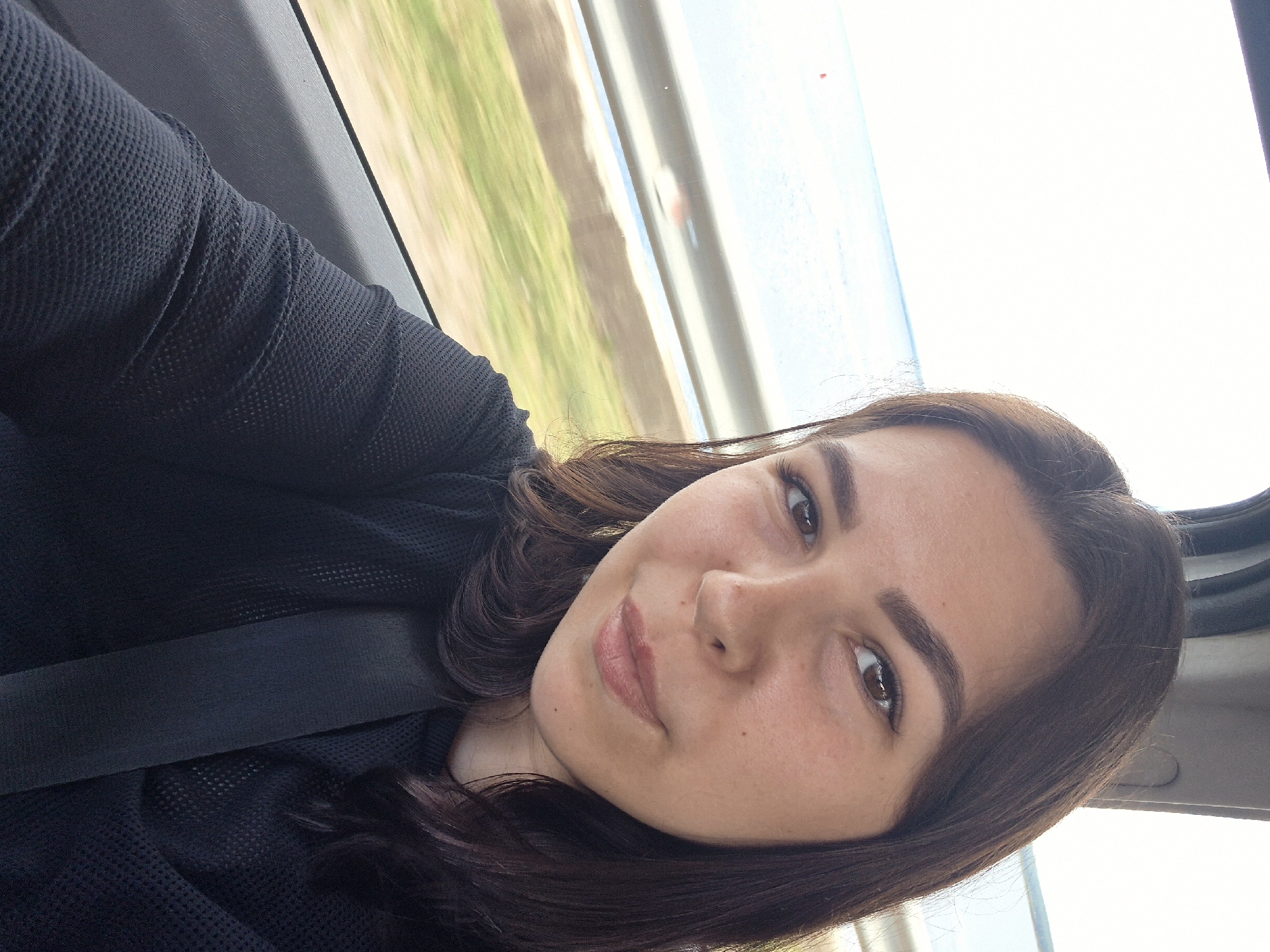 This media file is a selfie of a young woman taken inside a vehicle. The image is oriented vertically. The woman has long, dark brown hair and brown eyes. She is wearing a black top with a textured, mesh-like fabric and a dark seatbelt is visible across her chest. She is looking towards the camera with a slight smile.
The background of the image shows a blurred view through the vehicle's window. Green and beige striped patterns suggest a landscape passing by, possibly fields or hills. The sky appears bright and overcast, indicating daytime. The overall impression is of a scenic drive. No text is visible in the image. The metadata indicates the location context is Chaikovsky, Russia.