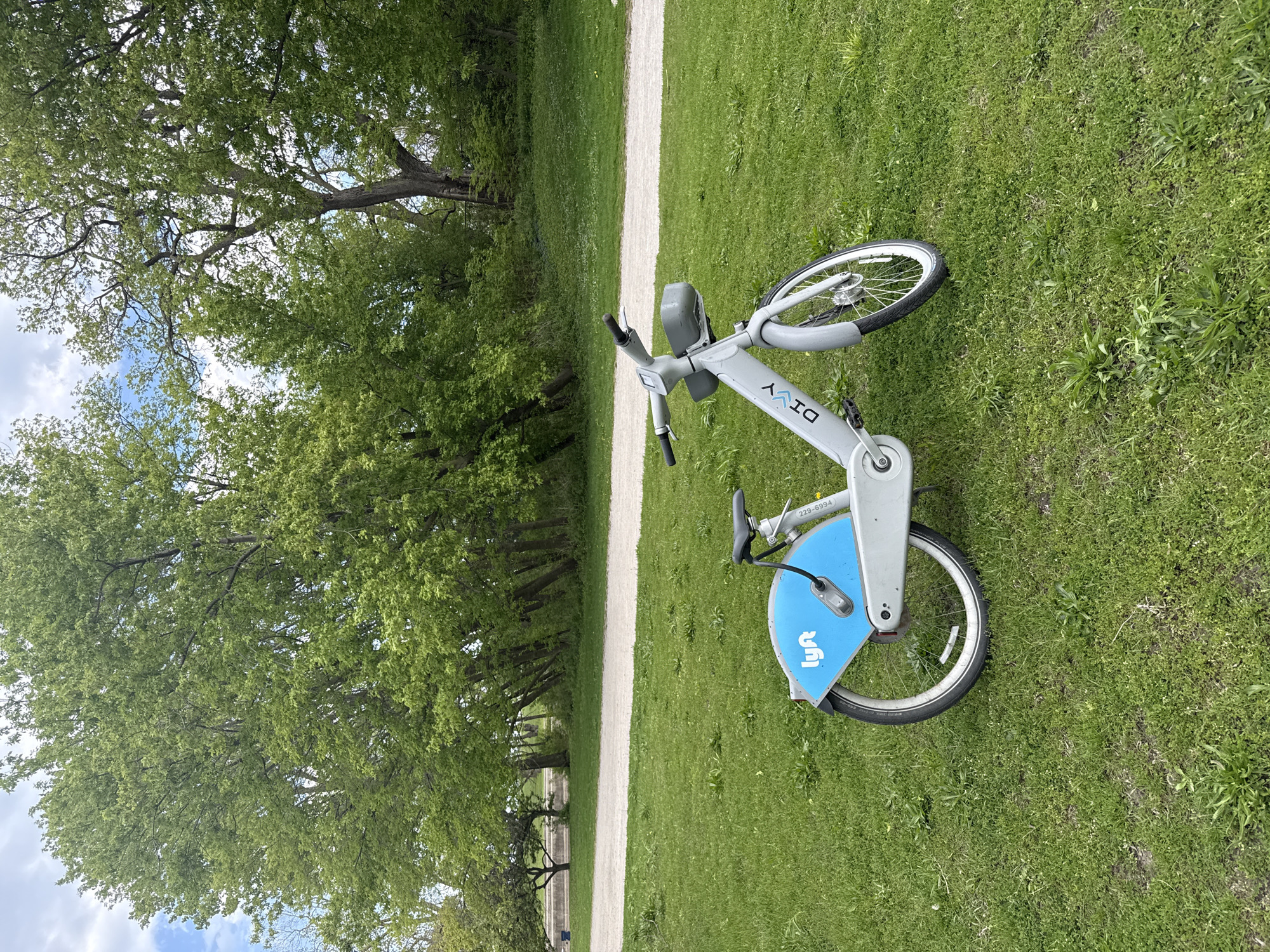 A sideways-oriented shot depicts a light-gray DIVVY/LYFT brand bicycle lying on its side in a park setting. The bike, with its blue front fender bearing the word "Lyft," rests on a lush green lawn adjacent to a light-colored gravel path. The path runs along the edge of a wooded area filled with mature trees displaying vibrant green foliage. The scene suggests a park in Chicago, where DIVVY/LYFT rental bikes are commonly found. No people or other objects are visible in the immediate vicinity.