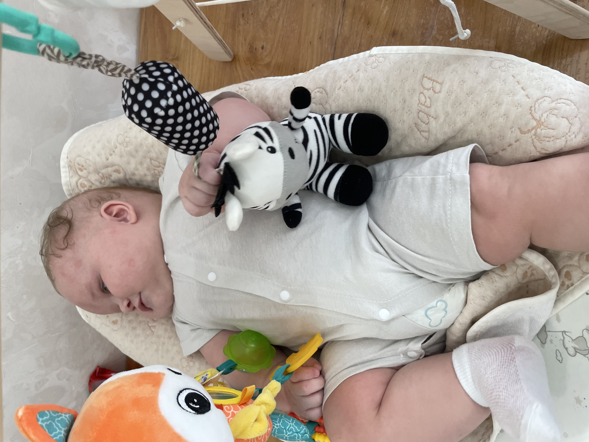 The image shows a close-up, overhead view of a baby lying on its back in a light-colored, padded bassinet. The baby is wearing a light-colored onesie and white socks. The baby has a few red marks on its face. Several soft toys are attached to a mobile above the baby, including an orange fox and a black and white zebra. The bassinet has a pattern of small flowers and the word "Baby" embroidered on it in pink thread. The background consists of a pale wall and a wooden surface. The image does not contain any information that would indicate its location in Stavropol, Russia.