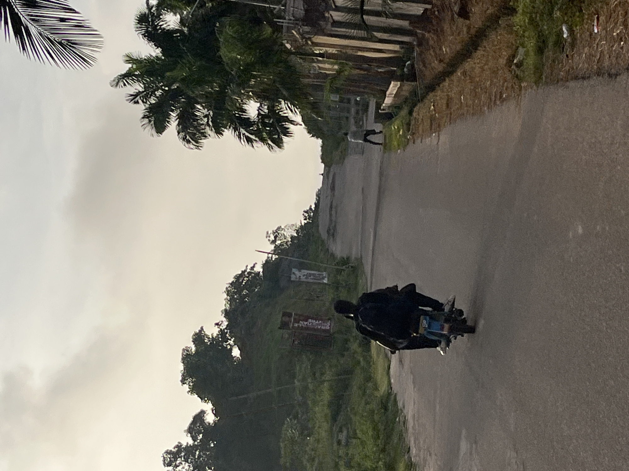 An overcast sky looms over a paved road in Abuja, Nigeria, with lush green foliage and trees lining both sides. In the foreground, two individuals are riding a small motorbike, with the person in the back wearing a black hoodie and a backpack. Further up the road, a lone figure stands facing away from the camera. The road appears to be a gentle incline, leading towards a more distant, hazy horizon. Palm trees are visible on the right side of the image, with a wall running alongside them. On the left side, a grassy embankment rises, dotted with trees and some signage. The scene suggests a rural or suburban setting within the city.