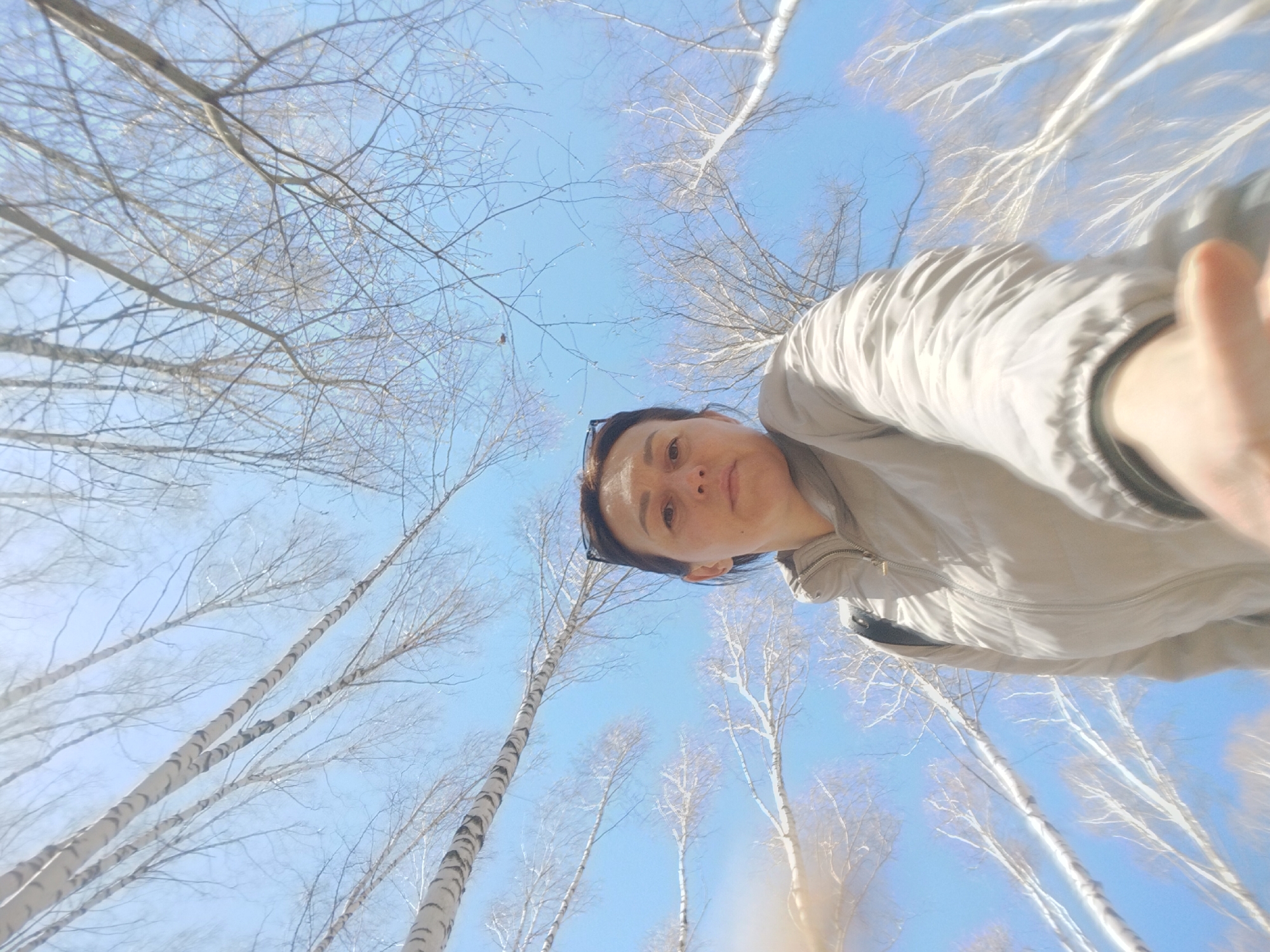 A low-angle shot depicts a woman in a light-colored jacket taking a selfie in what appears to be a birch forest. The sky is light blue and mostly clear, with tall birch trees without leaves filling the frame. The location is possibly in the city of Chaikovsky, Russia. The woman has sunglasses on her head and is looking directly at the camera, her arm extended.