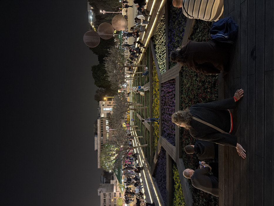 At night, a multi-tiered outdoor seating area is bustling with people. Each tier features colorful flower beds and pathways illuminated by subtle lighting. The seating area leads to a public square with trees. Buildings are visible in the background. In the foreground, several people are on a wooden section of the multi-tiered seating.