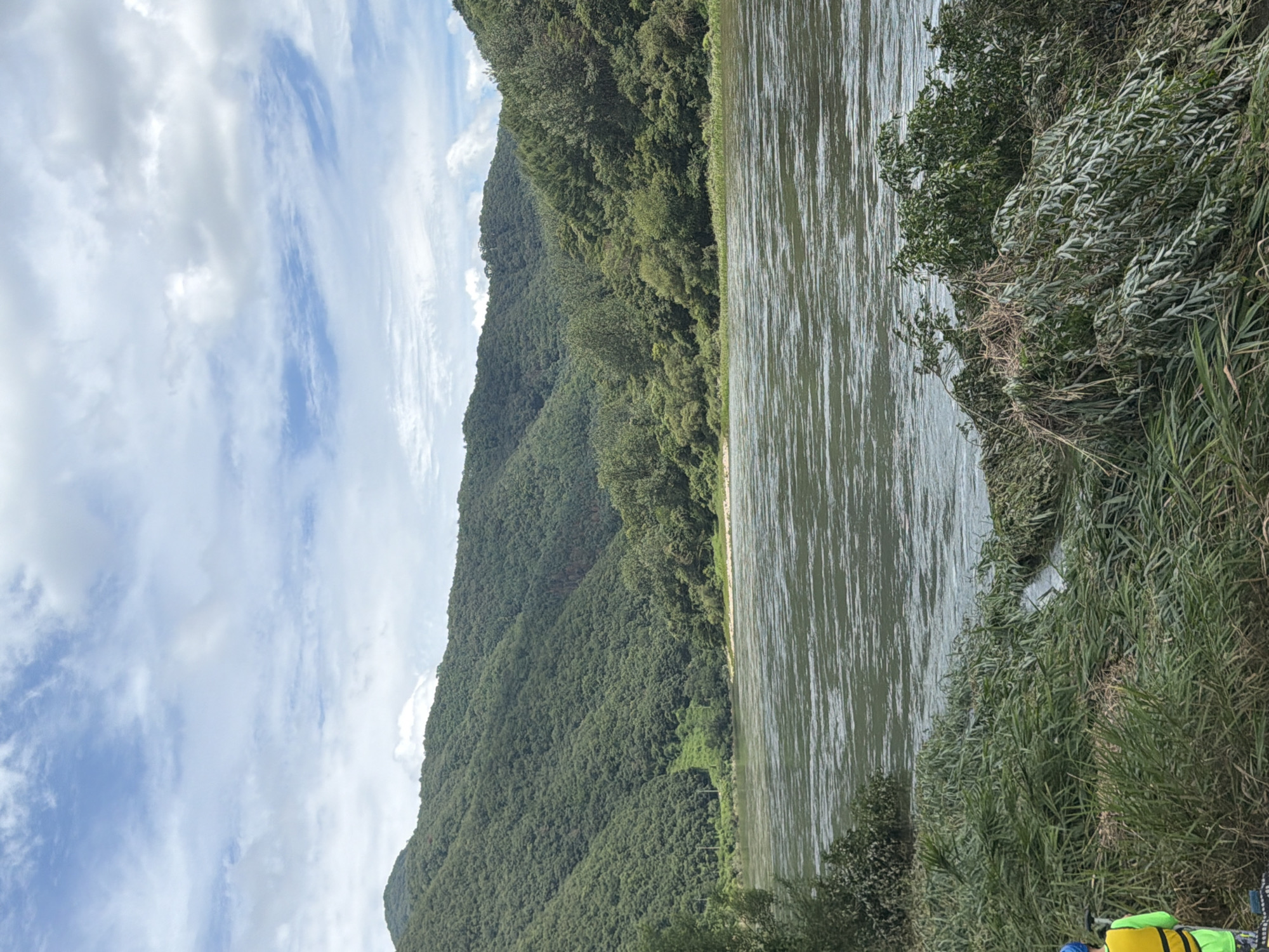 The image depicts a wide river flowing in the foreground, with lush green mountains covered in dense foliage rising in the background. The sky is partly cloudy with patches of blue. The river's surface reflects the sky and the surrounding greenery, showing ripples and currents. The riverbanks are lined with vegetation, including tall grasses and trees. In the lower left corner of the image, a person wearing a bright yellow life vest and a blue helmet is partially visible, standing amongst the reeds. The scene appears to be a natural landscape, likely located in Seo-myeon, South Korea, given the context.
