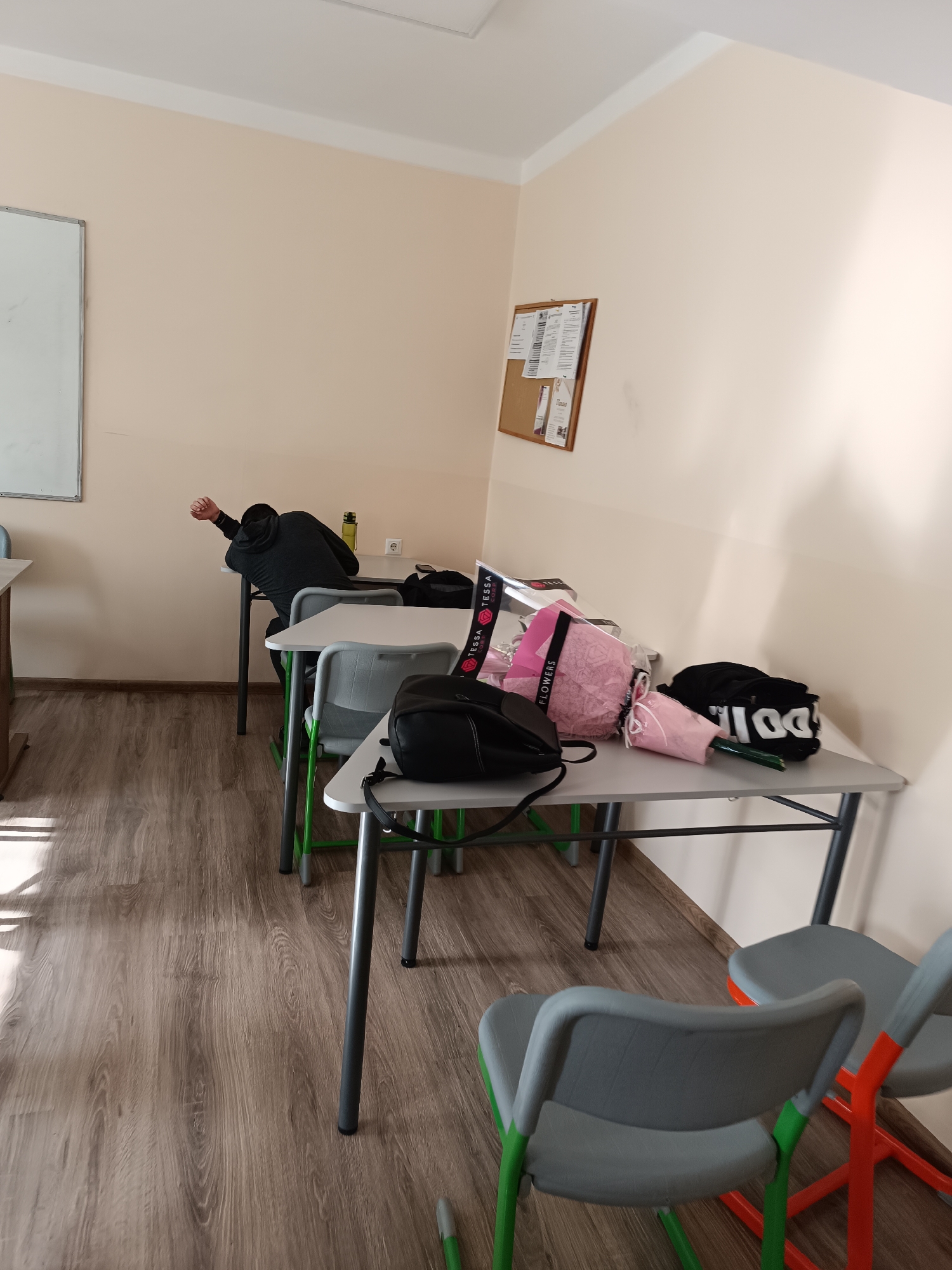 The image shows an interior view of a classroom in Pleven, Bulgaria. The flooring is light wood laminate. The walls are a neutral pale peach color. A white whiteboard is visible on the left wall, and a bulletin board is mounted on the right wall. Classroom desks are arranged in rows.
In the foreground, a gray chair with green legs and seat edges sits in front of a desk. On the desk are a black backpack, a pink and white gift-wrapped floral arrangement with a "Tessa Flowers" ribbon, and a black bag with white lettering. Further into the room, a person wearing a dark hoodie is slumped over another desk. A water bottle and mobile phone are also on that desk.