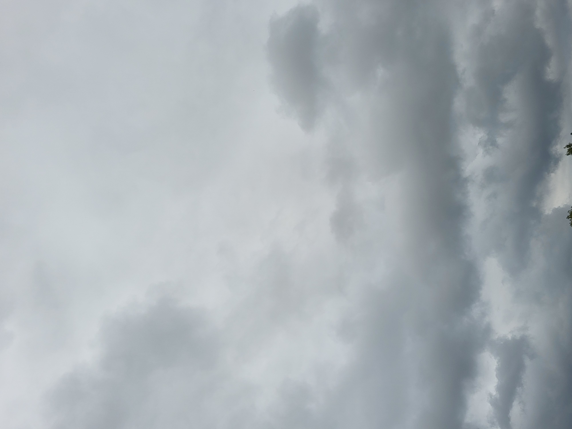 The image shows an overcast sky filled with dense, gray clouds. There is a hint of treetops visible at the very bottom of the frame, suggesting an outdoor scene. The clouds are varied in thickness and texture, with some appearing lighter and more diffused, while others are darker and more defined. The overall impression is of a gloomy or potentially rainy day. The image does not contain any people, specific objects, or discernible actions. The location in Ozolnieki, Latvia, cannot be determined from the visual information presented in the image alone; the scene is generic and could be anywhere with a cloudy sky.