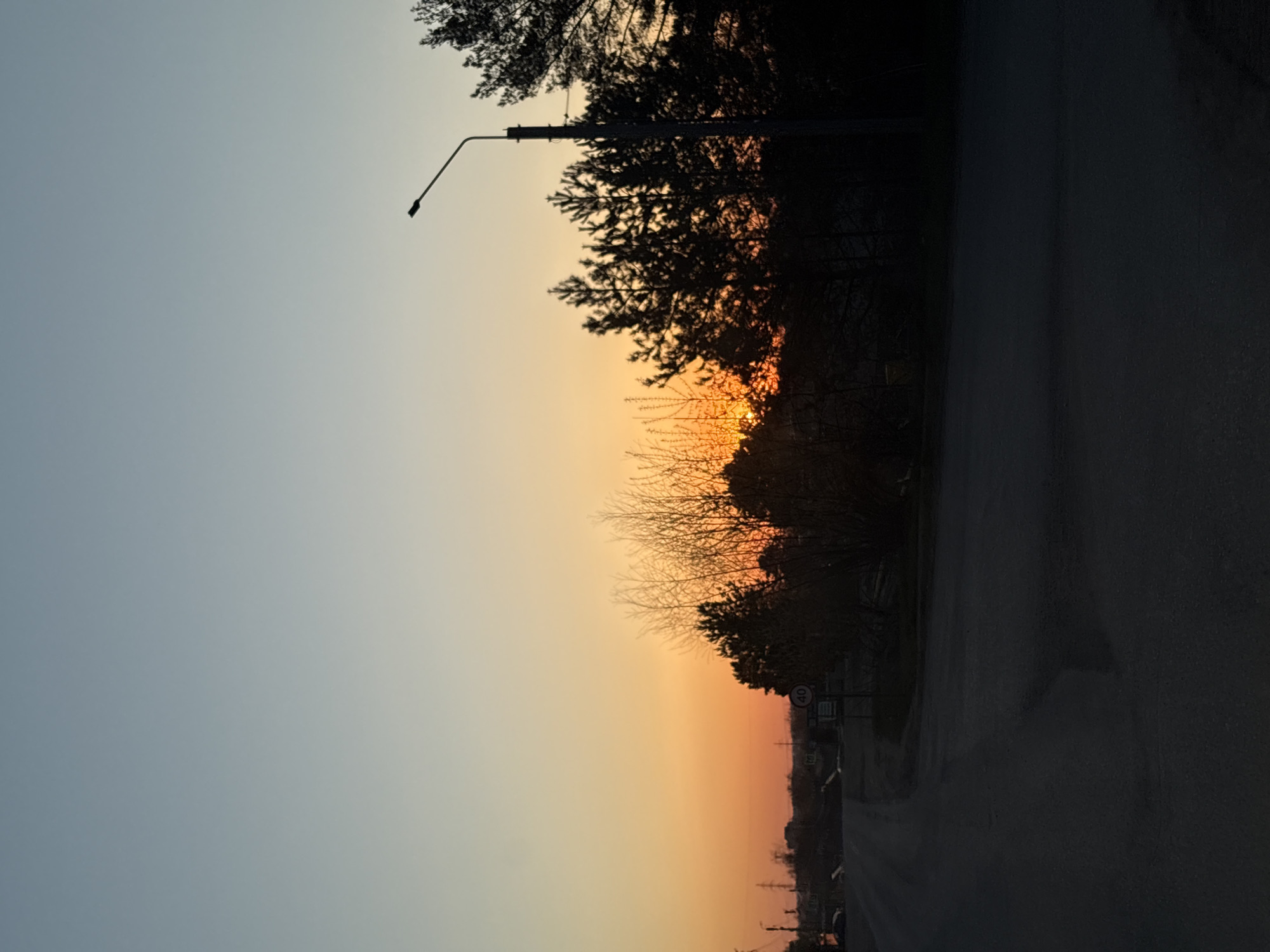 The image shows a street scene in Chaikovsky, Russia, at dusk or dawn. The sky transitions from light blue to orange near the horizon. A road runs along the right side of the image, with trees and vegetation silhouetted against the sky along the edge of the road. A street light is visible on the left side, partially obscured by trees. Speed limit signs are partially visible on the right side. The overall scene is a view of a typical street in Chaikovsky during the transition between day and night.
