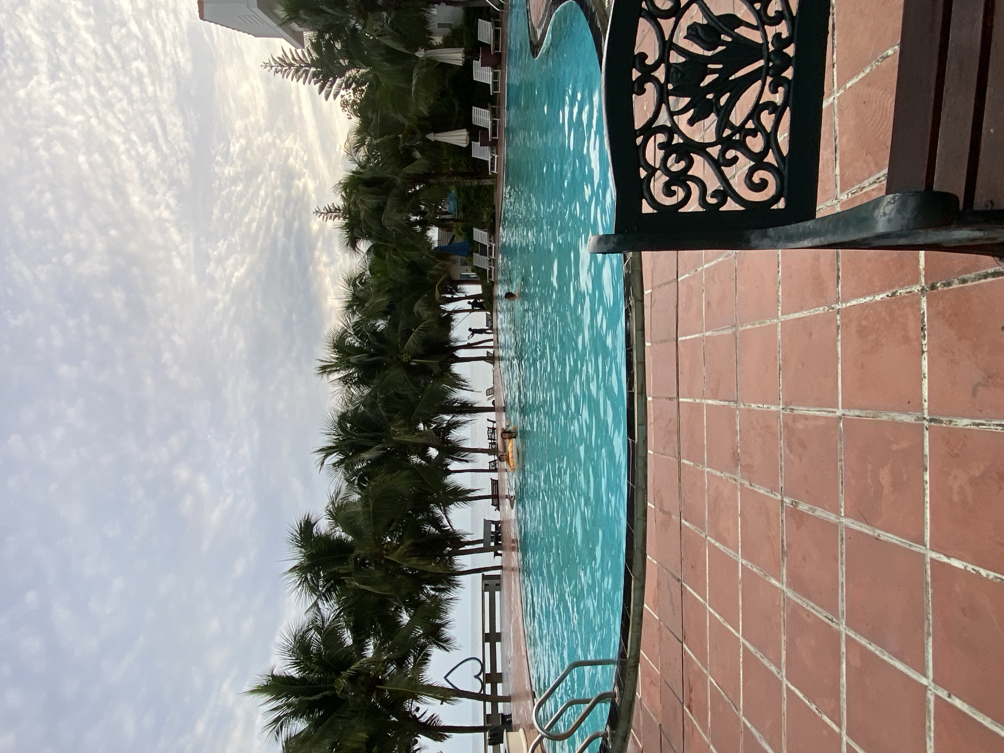 A horizontal eye-level photograph captures a scene by a pool, likely in Phu Thuy Ward, Vietnam. A section of a dark green bench with ornate metalwork is positioned in the upper right corner, partially obscuring the pool. The pool's edge is lined with reddish-brown tiles. The pool, filled with light blue water, extends towards the horizon. A row of tall palm trees stands along the far side of the pool. In the distance, beach loungers and umbrellas can be seen. Two figures are visible at the pool’s edge, one standing and one floating on an inflatable. The sky is overcast with textured clouds.