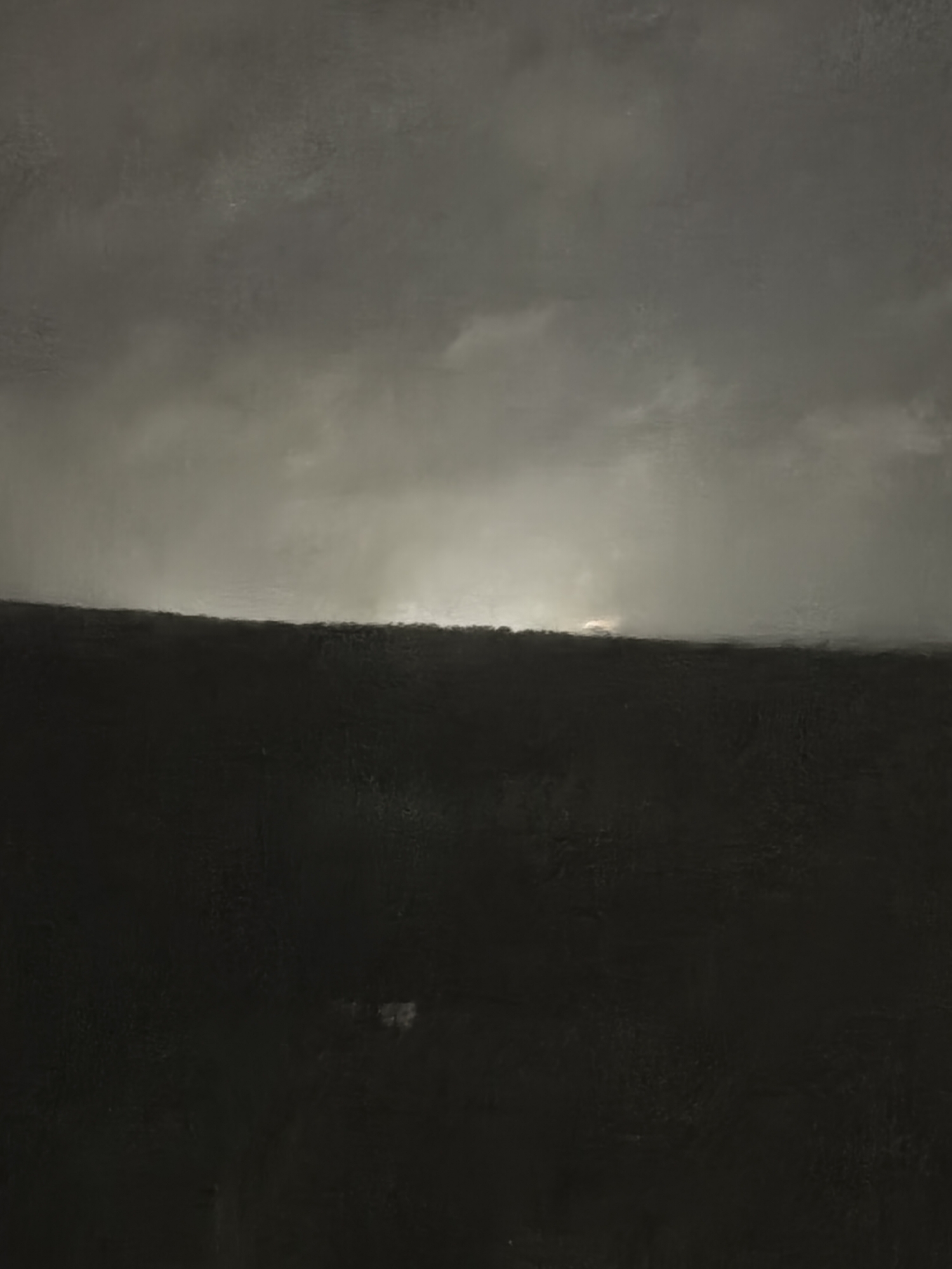 The image depicts a dark, seemingly rural landscape under a cloudy sky. The foreground is dominated by a large expanse of dark, possibly cultivated, land. The sky is overcast with varying shades of gray, suggesting an approaching storm or fading light. The horizon is faintly visible, with a slight indication of light breaking through the clouds. There are no visible people, subjects, objects, actions, or interactions present. The environment is bleak and somber. The location is unknown.