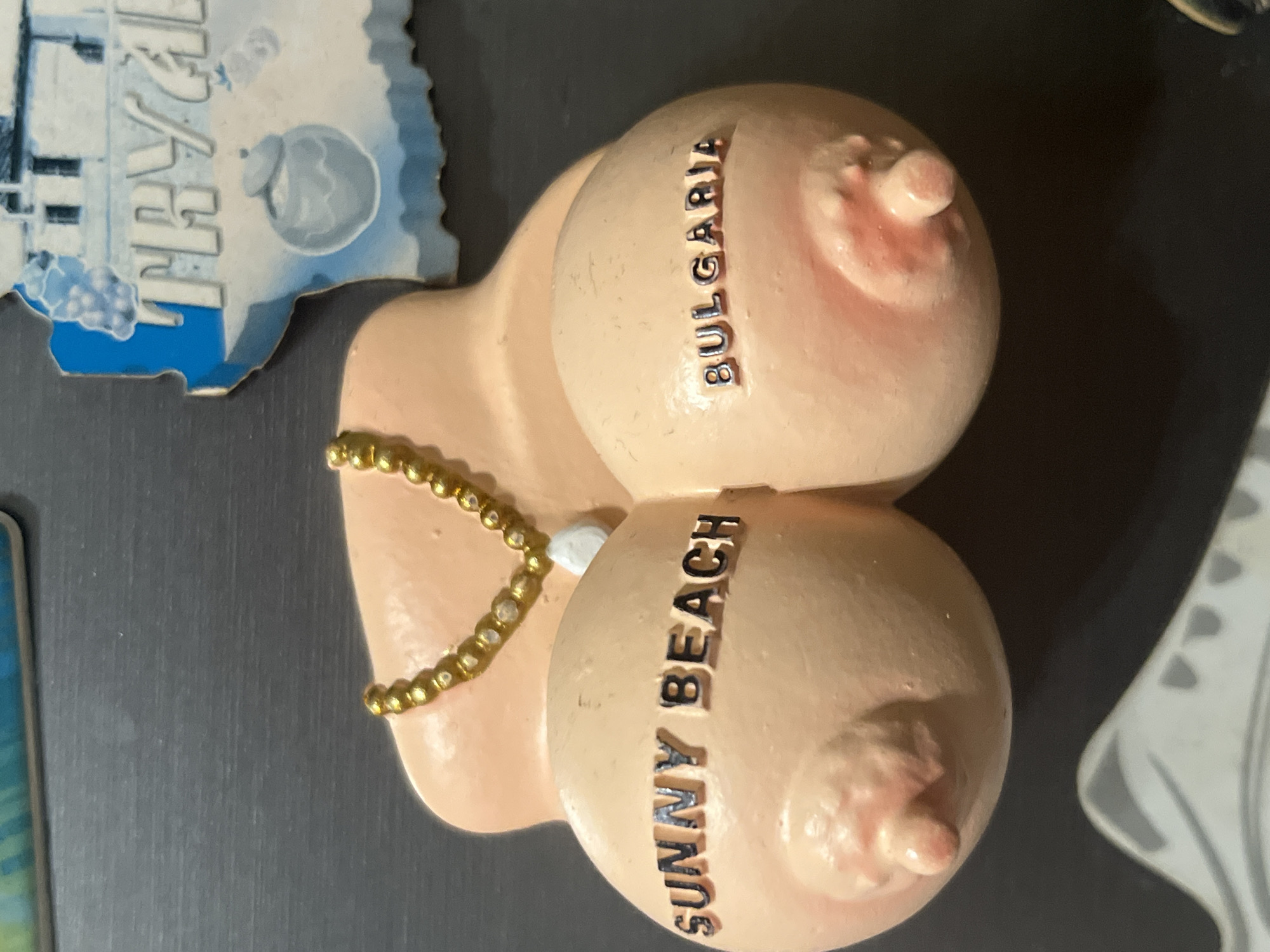 The image shows a refrigerator magnet souvenir from Sunny Beach in Burgas, Bulgaria, depicting a pair of breasts. "Bulgaria" is vertically written on the upper breast, and "Sunny Beach" is vertically written on the lower breast. The breasts are decorated with a golden necklace. Other souvenir magnets are also visible in the shot. The background is a dark, flat surface.