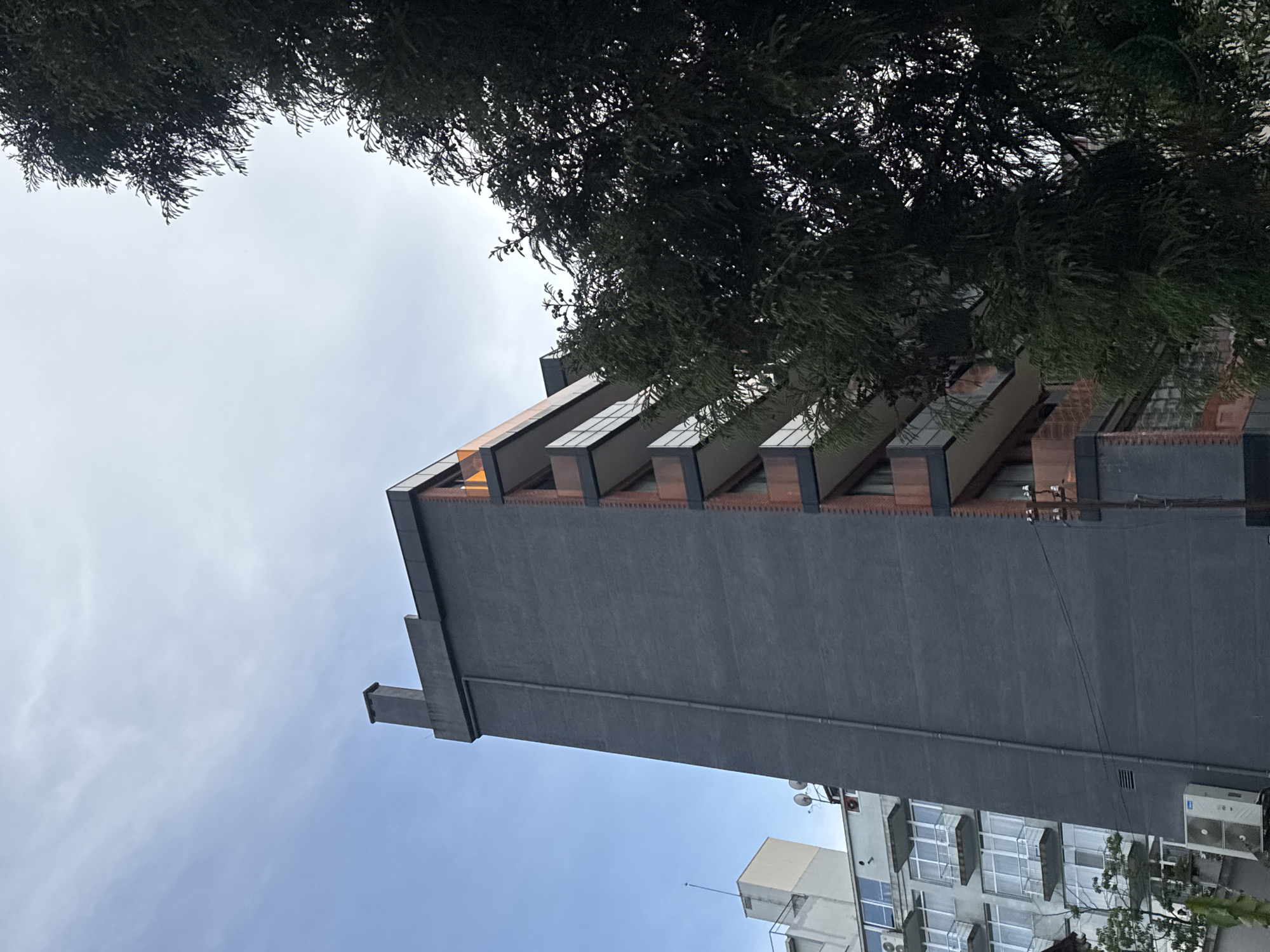 The image shows an upward-angled view of a tall building in an urban area. The building has a gray facade and is adorned with projecting balconies that feature a wood-like finish. Trees with dark green foliage frame the top of the image, partially obscuring the sky, which transitions from a light blue at the bottom to a cloudy white-gray above. In the lower right corner, portions of other buildings, some with air conditioning units, are visible. The style of the building is modern and appears to be recently constructed. The location is tagged as Unknown, Unknown, indicating an unidentified city.