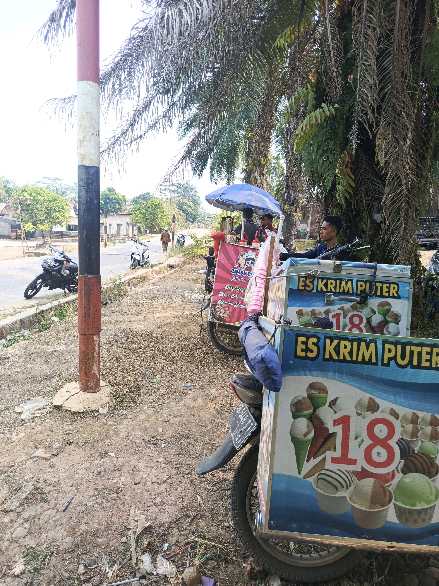 The image shows an outdoor scene on a sunny day in Wonosari, Indonesia, likely along a roadside. In the foreground, a red, white, and black striped pole stands prominently on the left. To the right, there are two ice cream carts. The cart in the foreground displays "ES KRIM PUTER" (Indonesian for "Put Your Ice Cream") in large yellow letters and images of various ice cream flavors. The cart behind it also advertises "ES KRIM PUTER" and has a pink side panel with text and graphics. A young man sits on a motorcycle behind the first ice cream cart, looking to the right. Under a blue umbrella attached to the second cart, there are at least two other people, one of whom appears to be a child. Various palm trees and other greenery surround the area. In the background, a paved road is visible with a few motorcycles and some distant buildings and trees. The ground is covered with dry grass, dirt, and some scattered litter, indicating a somewhat unkempt environment.
