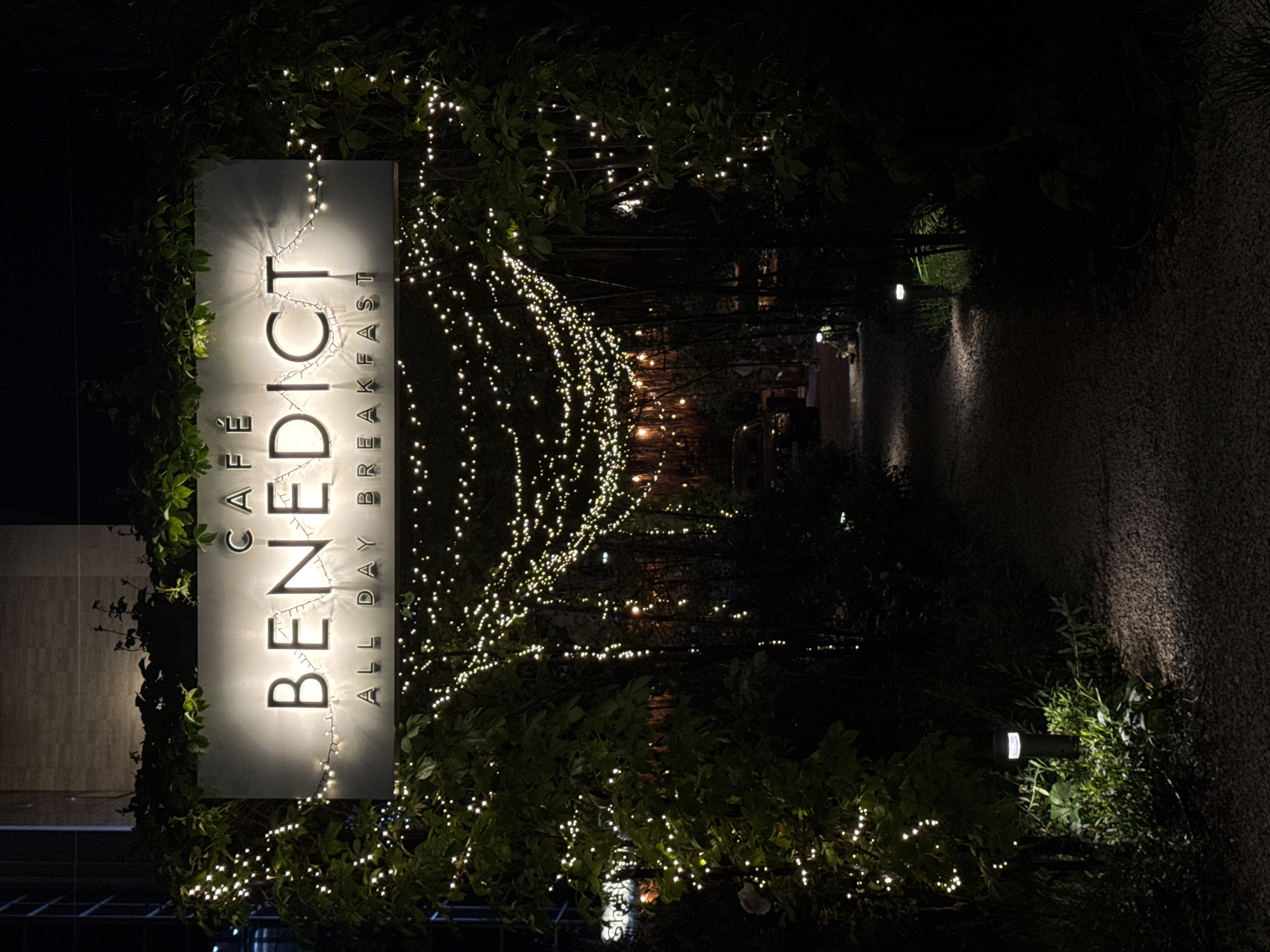 At night, an outdoor entrance in Budva, Montenegro, is marked by a brightly lit sign for "Benedict Cafe All Day Breakfast". The sign is rectangular and surrounded by green plants, with string lights intertwined around the plants and the sign itself. The entrance leads down a gravel path, illuminated by small lights along the sides, creating a tunnel-like effect with more string lights overhead. The scene is dark with the lights serving as the main source of illumination.