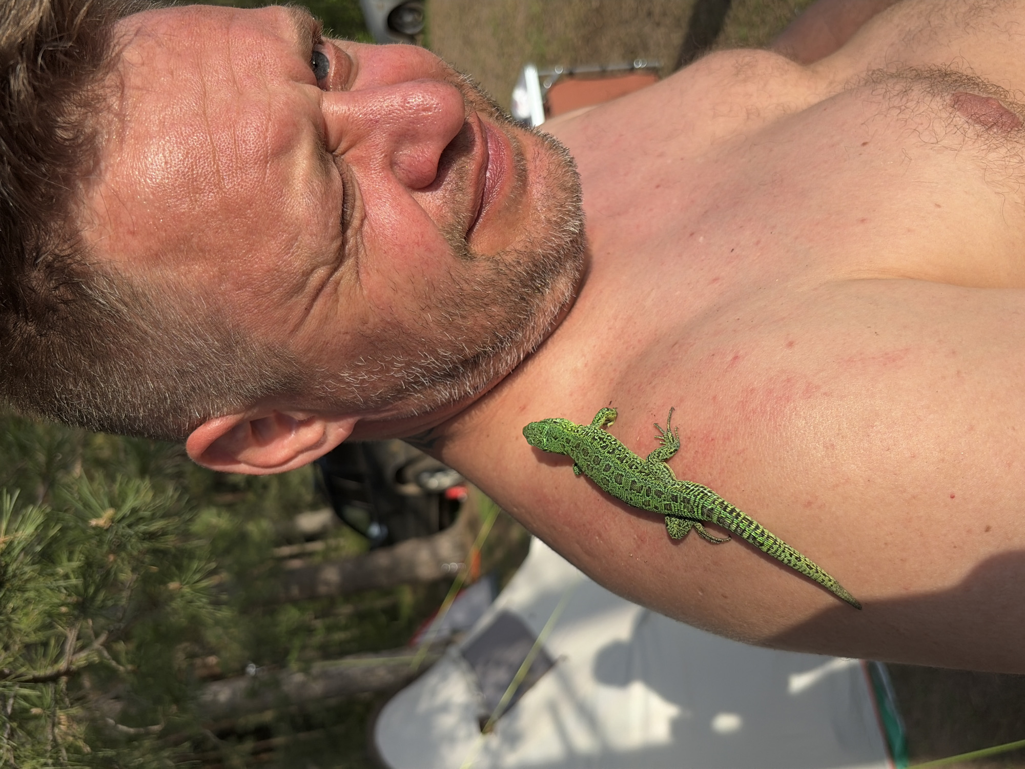 A close-up shot depicts a shirtless man with fair skin and light brown hair and beard. He has a concerned expression on his face. A bright green lizard is perched on his upper arm, with its head near his neck and its tail extending down his arm. The background shows partial views of trees, a tent, and what appears to be outdoor camping equipment. The location is Zabegaevo, Russia.