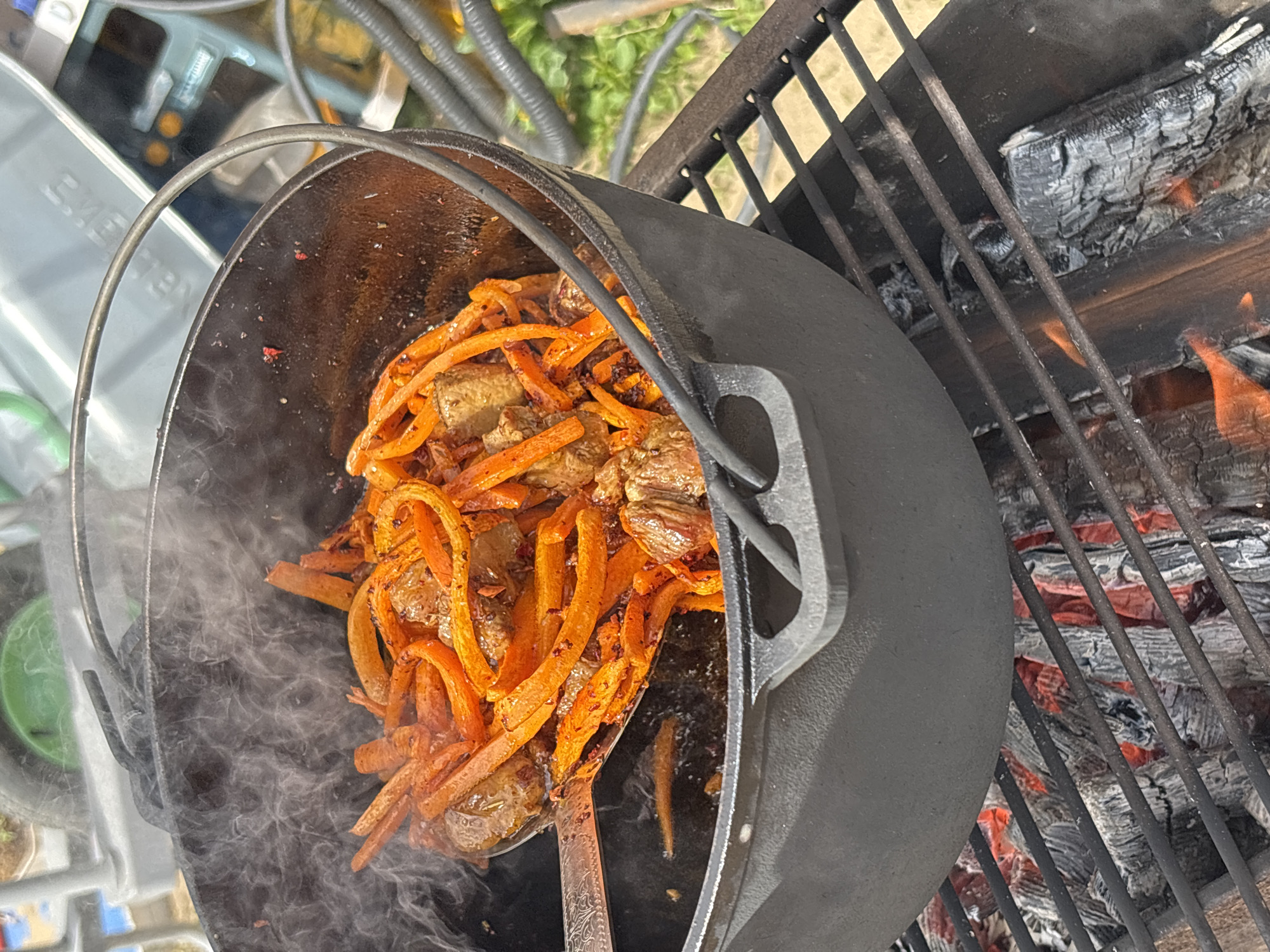 A cast iron Dutch oven sits on a black metal grate above burning wood, likely in Prikamskii, Russia. The oven contains a dish of browned meat and orange strips, possibly carrots, from which steam rises. A metal utensil is partially submerged within the food. The scene suggests cooking or grilling outdoors.