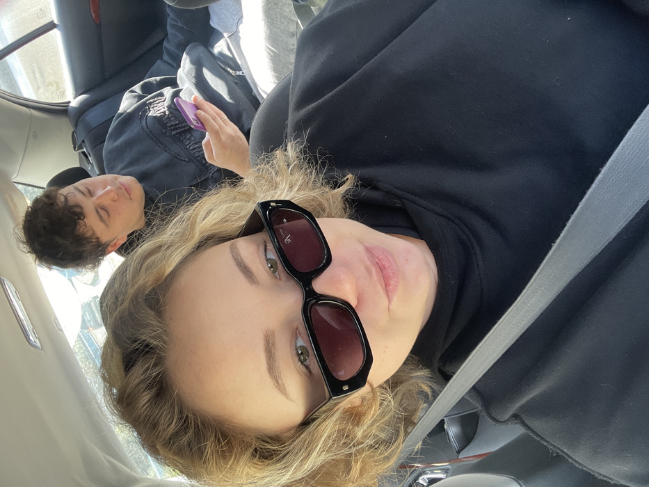 The scene depicts the interior of a vehicle, confirmed to be in the city of Divanovići, Montenegro. A light-skinned woman with short, wavy, blonde hair is positioned in the foreground, facing the camera. She wears black, rectangular sunglasses with dark lenses and a black collared top, secured by a gray seatbelt diagonally across her chest. Her expression is neutral, with her mouth slightly closed. In the background, to the right and slightly behind the woman, a light-skinned man with short, dark, curly hair is seated. He wears a dark grey or black hooded sweatshirt with textured details on the front. The man is holding a purple-cased smartphone in his right hand, looking down at the device. The vehicle's interior features dark upholstery, and bright daylight is visible through the windows, showing a blurred exterior environment with hints of foliage or structures. No direct interaction between the two individuals is observed.
