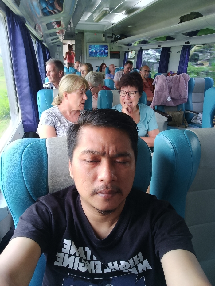 The image captures the interior of a moving train carriage in Indonesia, though the specific location within the city of Jubung cannot be confirmed visually. The scene is dominated by a selfie taken by a male passenger in the foreground, with other passengers occupying seats in the midground and background.
In the foreground, a man with short dark hair, a mustache, and a light beard is centered, facing the camera with his eyes closed and a slight frown. He is wearing a black t-shirt with white, inverted text (partially legible as "HIGH ENGINE"). He occupies the lower central portion of the frame, seated in a light blue and grey upholstered train seat.
Behind him, an aisle runs down the length of the carriage, flanked by rows of similar seats. Multiple passengers, predominantly middle-aged to elderly individuals appearing Caucasian, are visible. On the left side, a window reveals a blurred green landscape, indicative of movement, with blue curtains partially drawn.
Notable passengers include:
- A woman with blonde hair, wearing a patterned light-colored top, seated on the left, looking towards the right side of the carriage.
- A woman with dark, short hair and glasses, wearing a light blue top, seated on the right, with her mouth open in a wide expression and her right hand touching her chin, suggesting laughter or an exclamation.
- A man with grey hair and a striped shirt is seated near the window on the left, looking outwards.
- Further back, a woman in a pink top stands in the aisle.
- Several other passengers are seated, some looking forward, others in conversation or observing the exterior.
The train interior features overhead luggage racks, ceiling lights, and a small screen on the right displaying abstract blue graphics. A purple towel or blanket is draped over a seat in the mid-background, with a dark bag resting on the seat beside it. The overall environment is well-lit, combining natural light from the windows with artificial interior illumination.