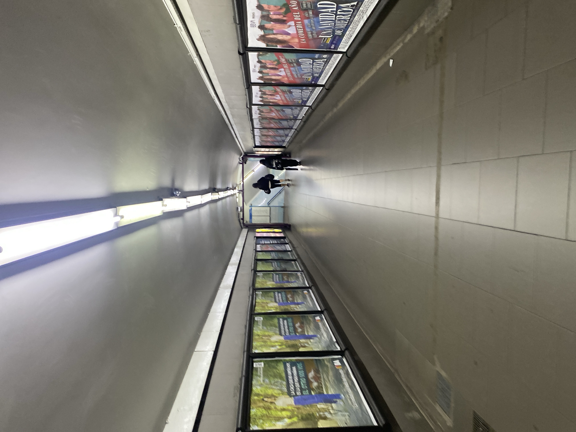 The image shows an indoor pedestrian tunnel, likely a subway passage. A row of advertising posters lines each side of the tunnel. Two figures are walking away from the camera and toward the end of the tunnel. The tunnel has fluorescent lighting. The posters on the right appear to be advertisements in Spanish. The image could be taken in the city of Buenos Aires, Argentina.