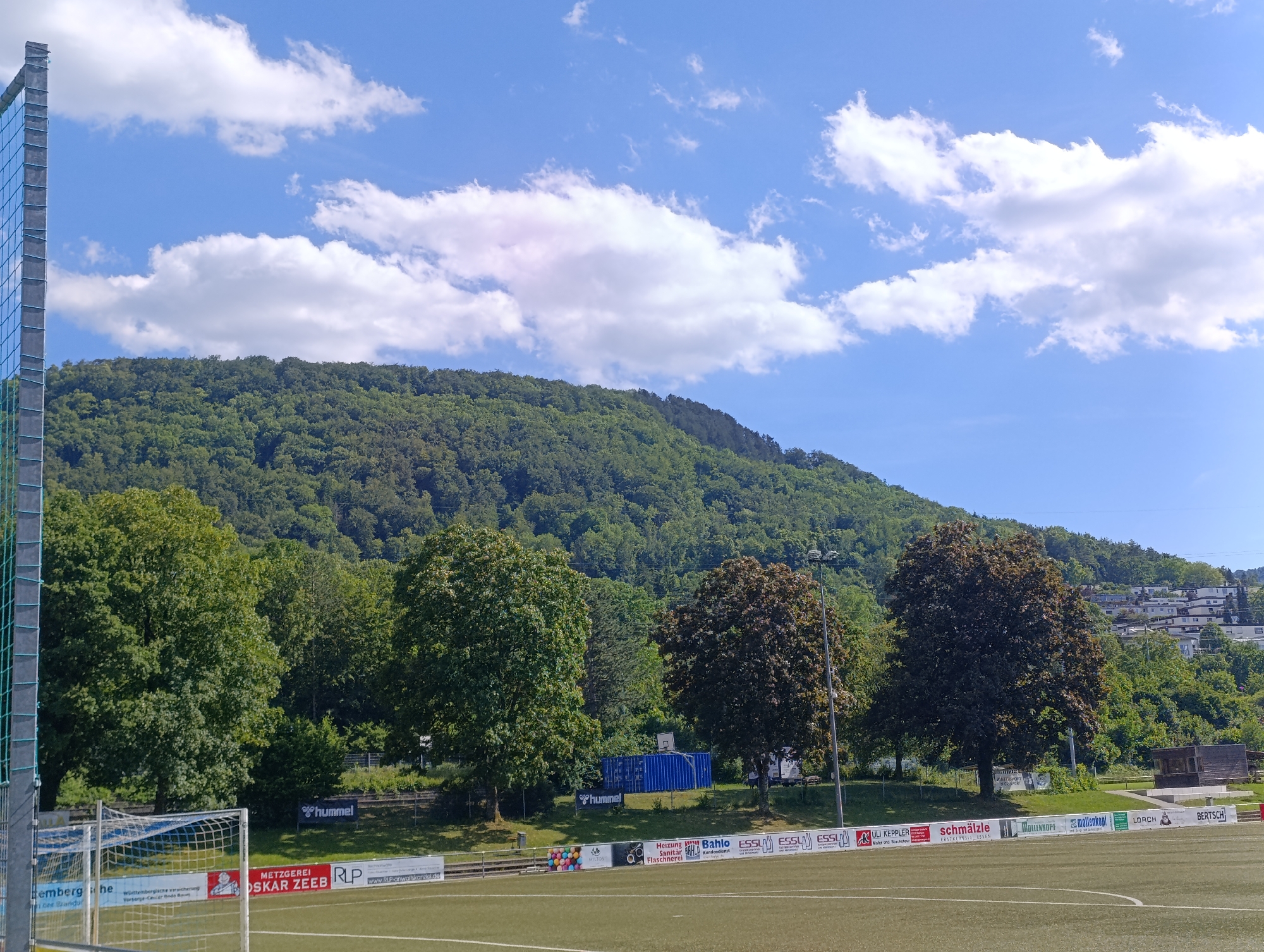 The image depicts a sports field, likely a football pitch, in Pfullingen, Germany, with a lush, tree-covered hill forming the backdrop. The field itself is green and well-maintained, with white markings visible on the turf. A football goalpost with a net is positioned on the left side of the frame. In the middle ground, several mature trees with full canopies are scattered across the landscape. Behind the trees, a blue shipping container is visible, and further back, a hillside dotted with buildings rises towards the sky. The sky is a vibrant blue, punctuated by fluffy white clouds, suggesting fair weather. The scene is bathed in natural sunlight, creating a bright and clear atmosphere. The overall impression is one of a peaceful, outdoor recreational area set against a scenic natural environment.