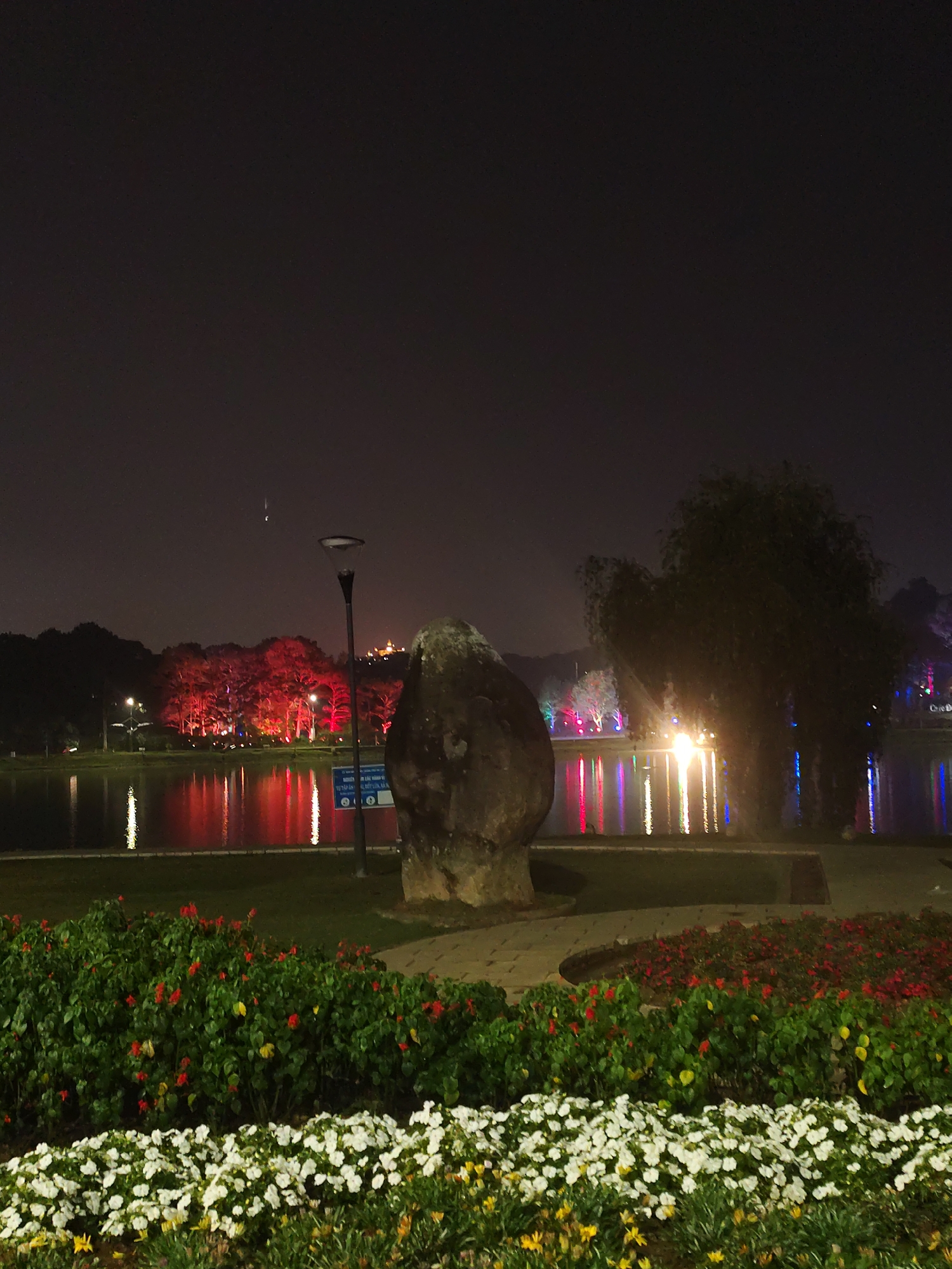 Captured at night, the image presents a tranquil scene in Da Lat, Vietnam, specifically around Xuan Huong Lake. In the foreground, a bed of flowers adds color, with white and red blooms being most prominent. A large, gray rock stands as a natural monument, situated between the flowerbed and the lake. A modern street lamp is visible nearby.
Across the calm waters of Xuan Huong Lake, trees lining the far shore are illuminated with a spectrum of colors, primarily red. The reflections of these lights create corresponding colorful streaks in the lake's dark surface. The overall ambient light is dim, lending a subdued atmosphere to the scene, while the artificial lights are stark against the dark sky.