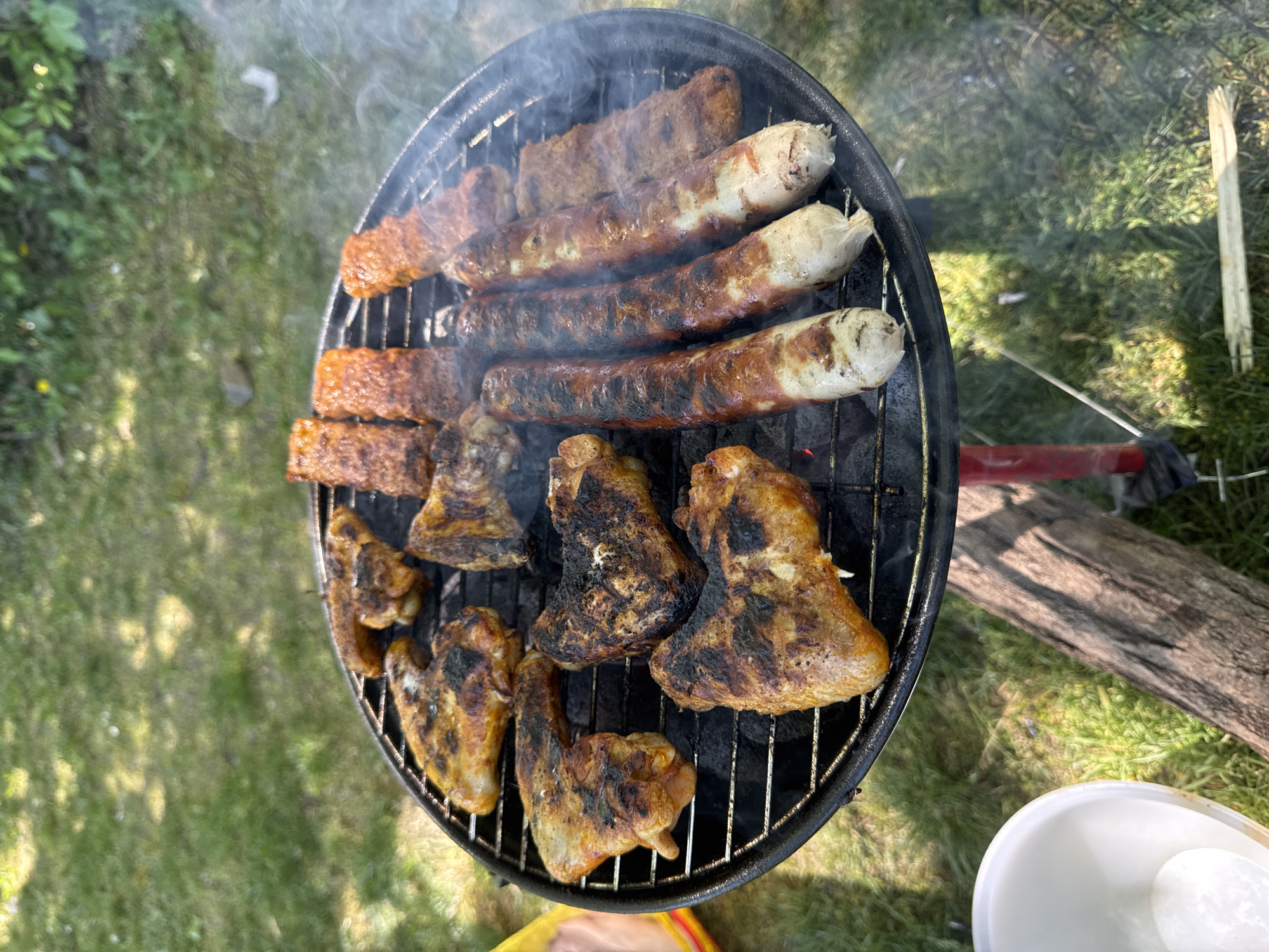 This overhead image depicts a black, circular barbecue grill laden with various meats cooking outdoors. Wisps of white smoke rise from the grates, indicating active grilling under bright daylight. On the grill, there are three long, plump sausages, well-browned with distinct charring in places. Below them, multiple pieces of chicken, likely wings or thighs, are visible, displaying golden-brown skin and dark char marks from the heat. Several rectangular pieces of reddish-brown meat, appearing firm and caramelized, are also cooking on the left side of the grill.
The setting is a vibrant green grassy area, suggesting a backyard or park. Dappled sunlight illuminates the scene and casts shadows on the grass. Green foliage and bushes are present in the background on the left. To the right of the grill, a sturdy piece of natural wood rests on the ground, and a white plastic bowl or container is partially visible in the lower right corner, hinting at a picnic or outdoor meal setup. A red object, possibly a component of the barbecue stand, is also discernible. The image captures a casual outdoor cooking event in Ditzingen, Germany. No people or visible text are present.