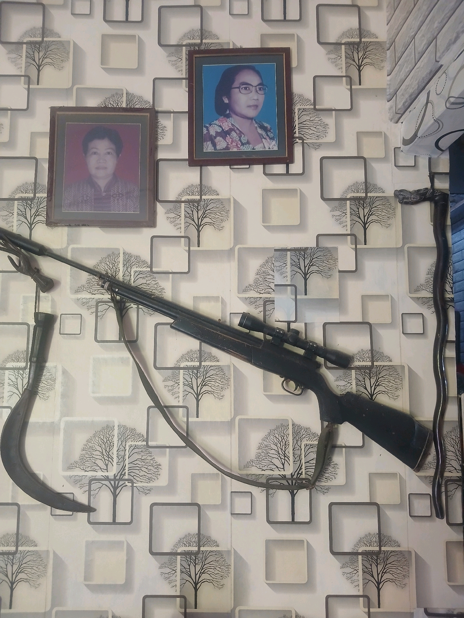 The image displays a wall adorned with a repeating pattern of stylized trees within square frames against a white background. Two framed photographs are mounted on the wall. The photograph on the left shows a woman with short dark hair and a patterned top. The photograph on the right features a woman wearing glasses and a floral blouse. Below the photographs, a rifle with a scope is mounted diagonally, with a strap attached. To the left of the rifle, a curved blade, possibly a sickle, is also mounted. To the right of the rifle, a dark, curved object, resembling a cane or staff with a decorative handle, is visible. The overall impression is of a wall display in a domestic setting, possibly in Banyuwangi, Indonesia, given the context provided.