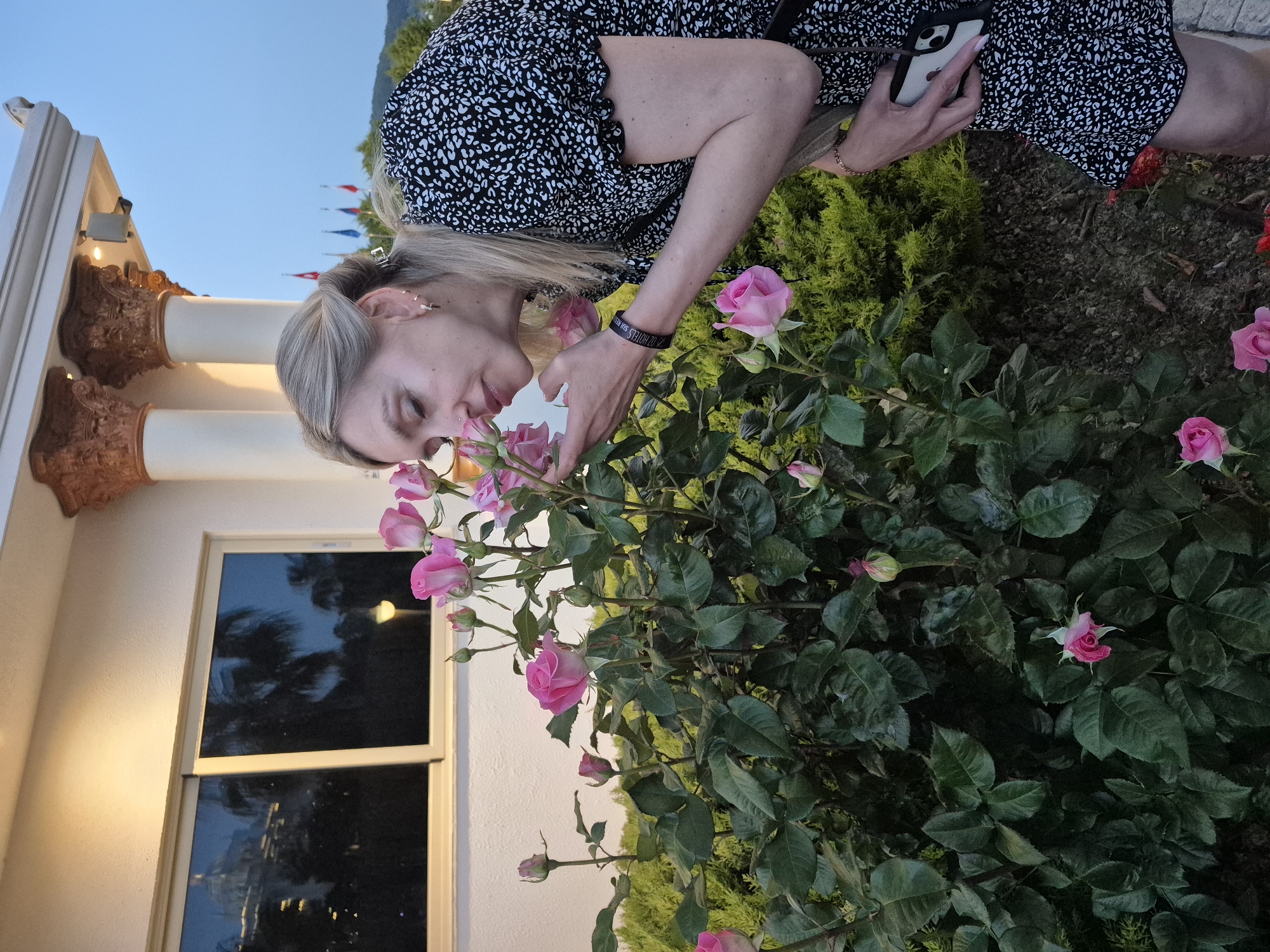 A blonde woman in a black and white patterned dress bends over a bush of pink roses, smelling them. She is wearing a black bracelet. She holds a mobile phone in her left hand. A building with a window is on the left. The photograph was taken in Alanya, Turkey.