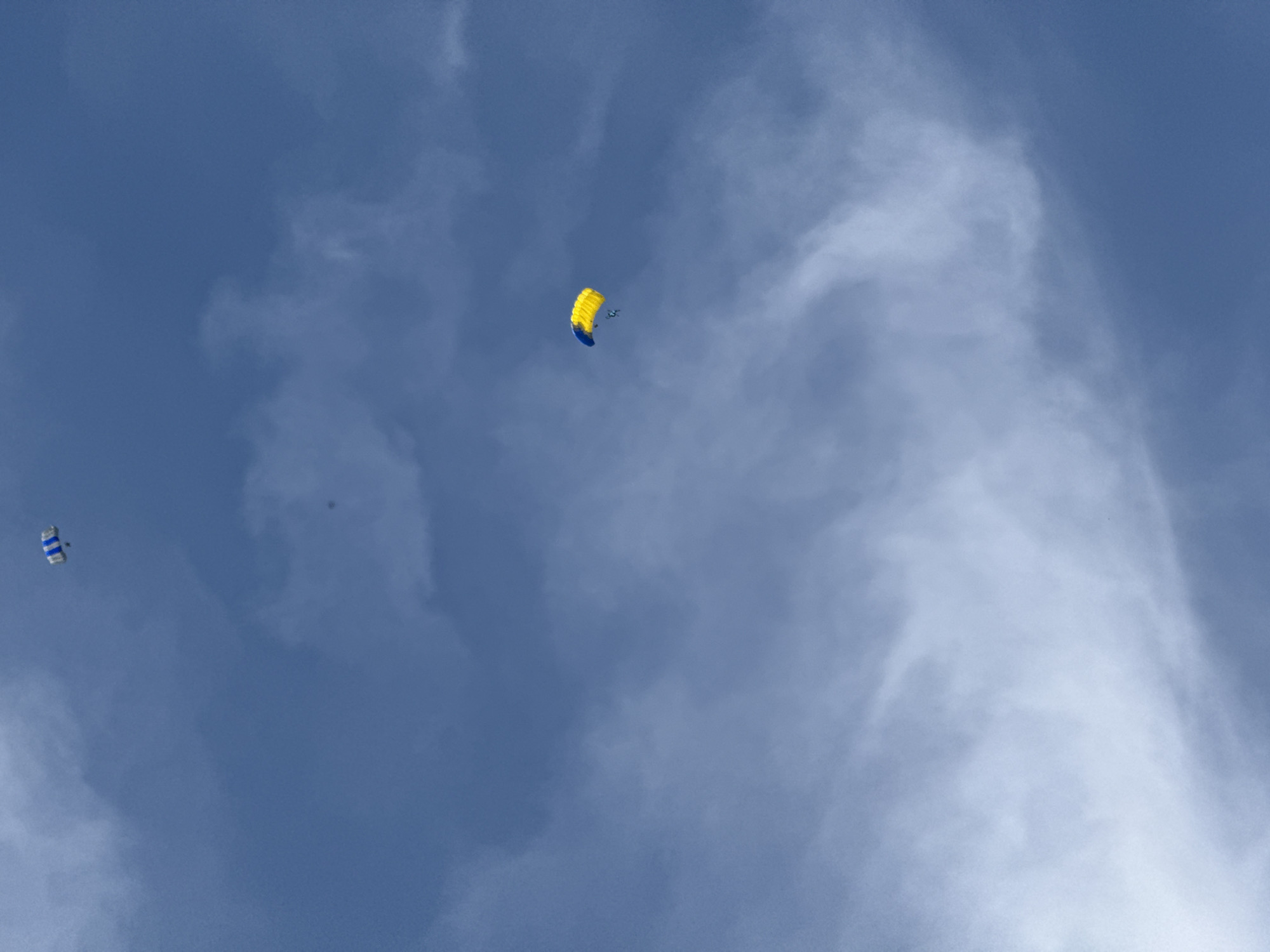 The image shows two parachutists against a cloudy, blue sky. One parachutist has a blue and yellow parachute, while the other has a white and blue parachute. The location is presumably Ussurijsk, Russia.