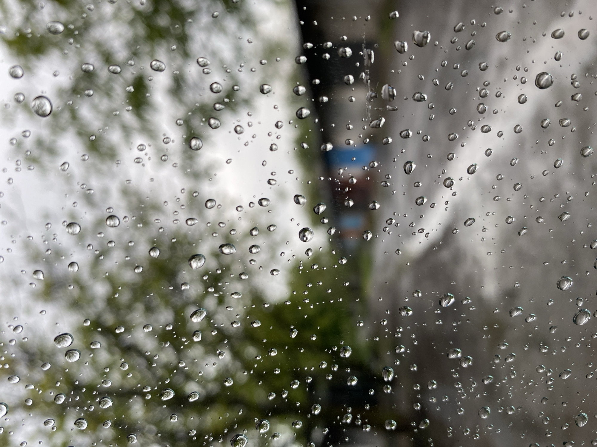 The image shows a view through a rain-streaked window. In the background, slightly blurred, is a building with a visible section of blue on its facade. To the left, green foliage is visible, suggesting trees or bushes. Raindrops of various sizes are scattered across the window's surface. It appears to be a rainy day in an urban setting. The location is Unknown, Unknown.