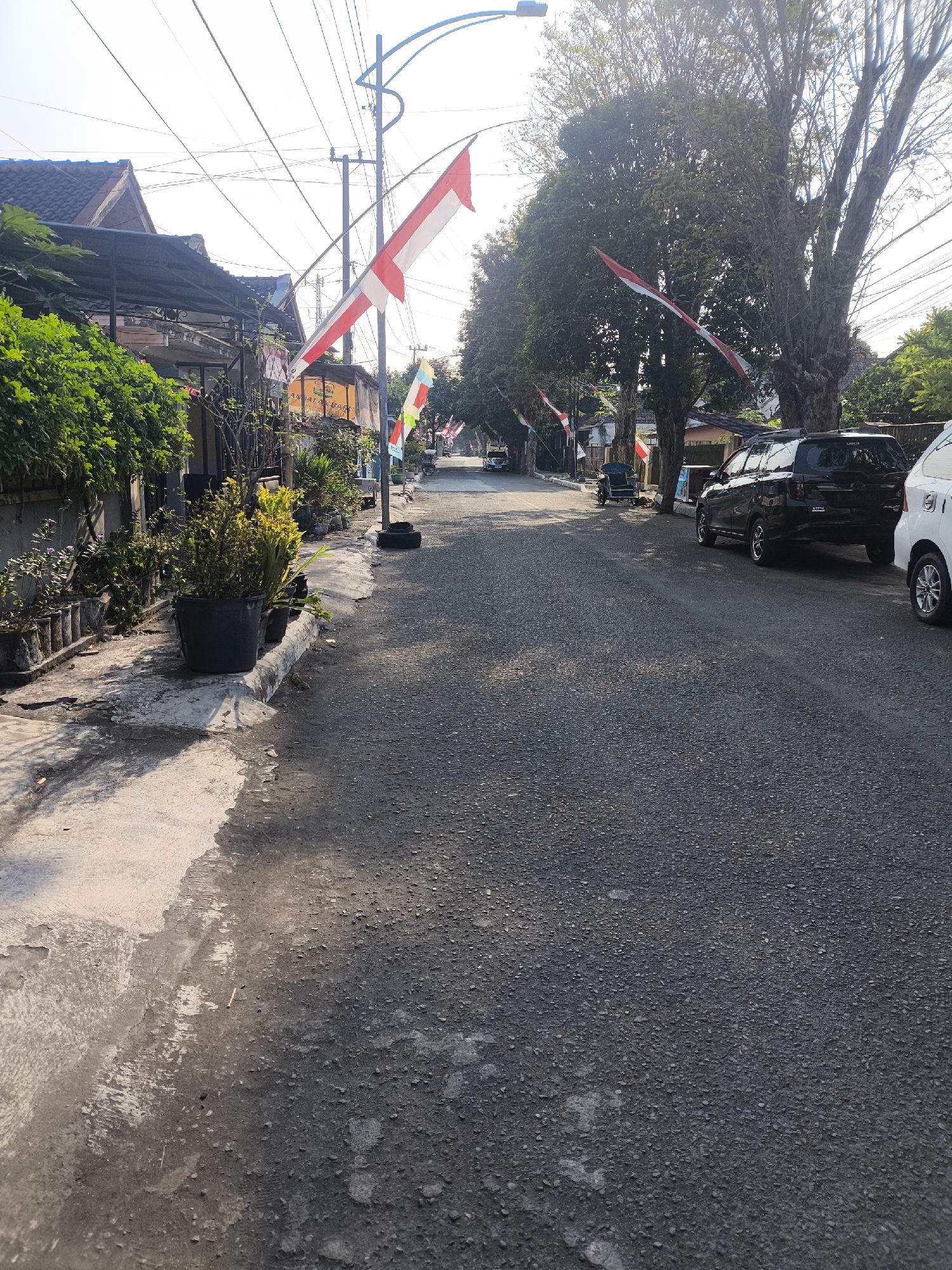 The image depicts a street scene in Citrodiwangsan, Indonesia, characterized by a paved road and a sidewalk lined with potted plants. Several Indonesian flags are visible, some mounted on poles and others hanging from wires, suggesting a local celebration or commemoration. Residential buildings with tiled roofs and awnings line the left side of the street, with lush green foliage contributing to the environment. On the right side of the road, a black SUV and a white car are parked. The sky is bright, indicating daytime, and overhead wires crisscross the scene. The overall impression is one of a quiet, residential street adorned with patriotic symbols.