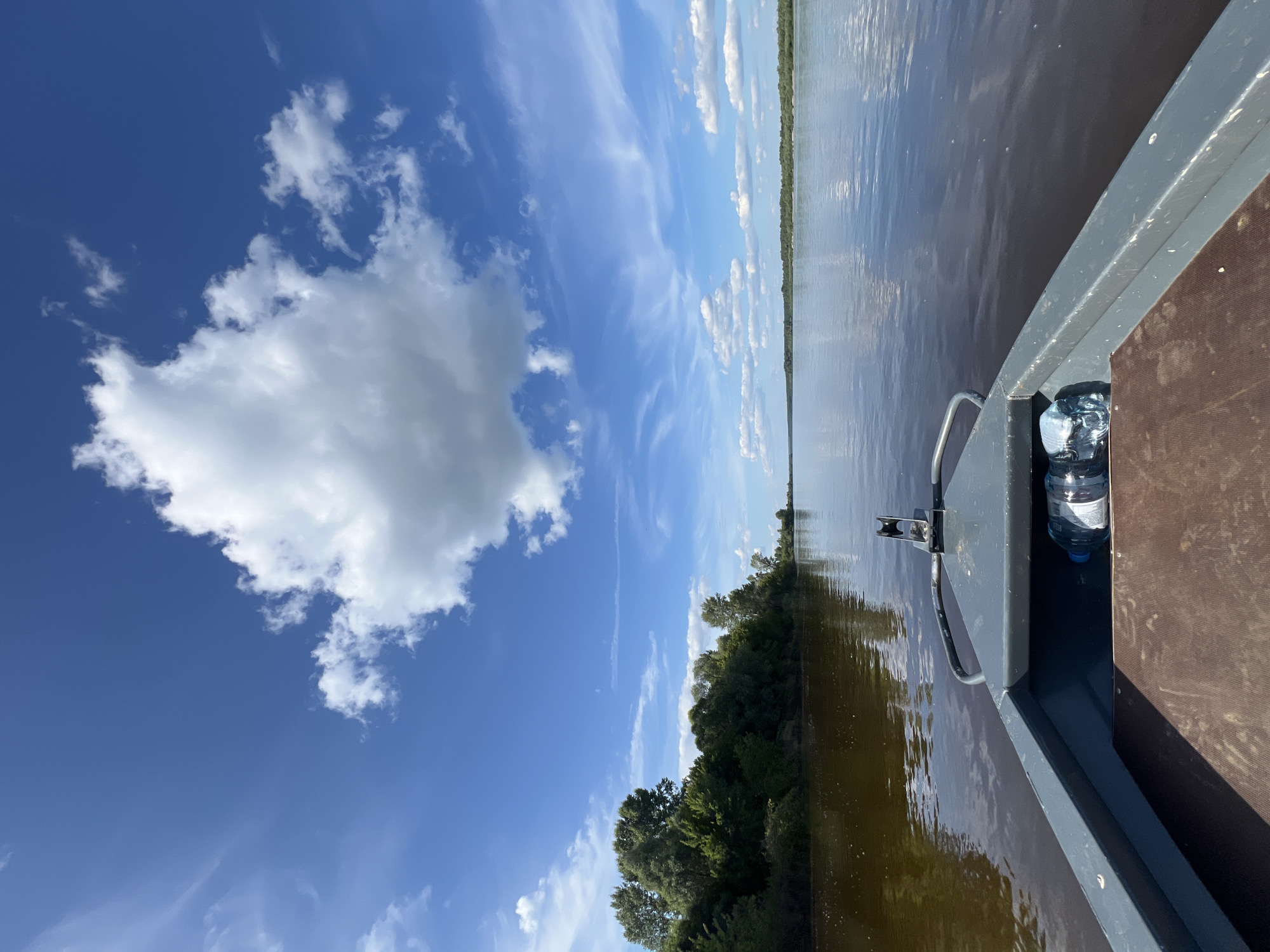 A first-person perspective shot shows the bow of a gray metal boat moving through dark, calm river water under a bright blue sky with scattered clouds. The boat's interior, made of worn wood, is visible in the foreground, with a large plastic water bottle lying on its side. A silver metal railing is attached to the bow. The riverbanks are lined with dense green trees and vegetation. The horizon is visible in the distance, with more trees and a hint of buildings or structures. The overall scene depicts a tranquil day on the water.