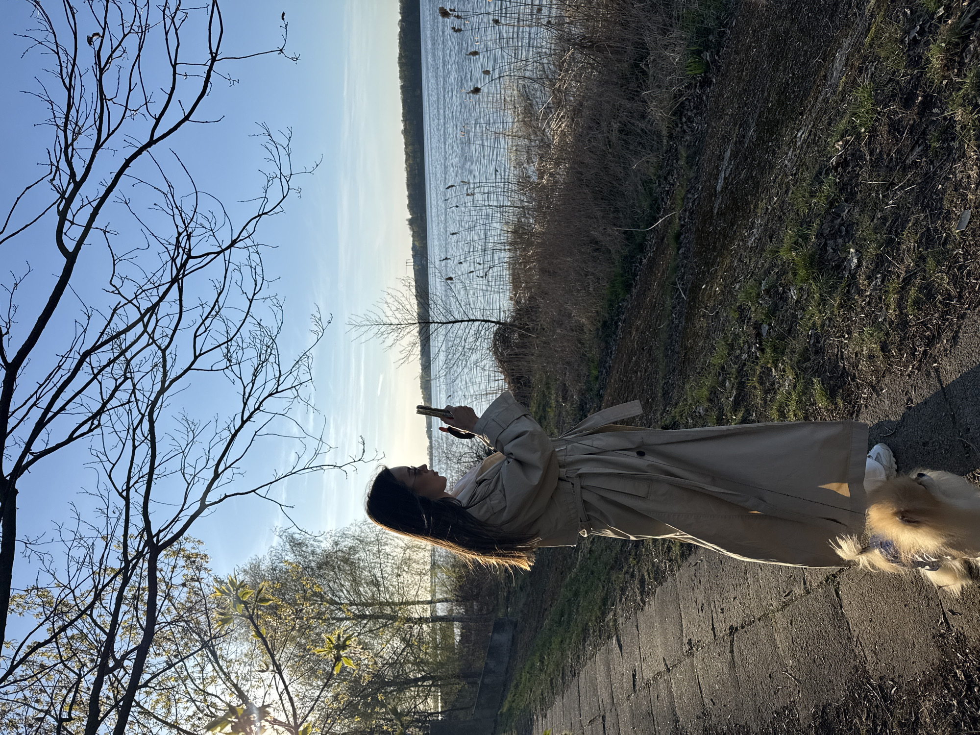 A person is standing and holding a cell phone on a paved path beside a lake. The lake's edge is lined with reeds and trees, and trees without leaves stand to the left of the path. The sun is shining through the trees. A dog is standing beside the person. The scene is in Białobrzegi, Poland.