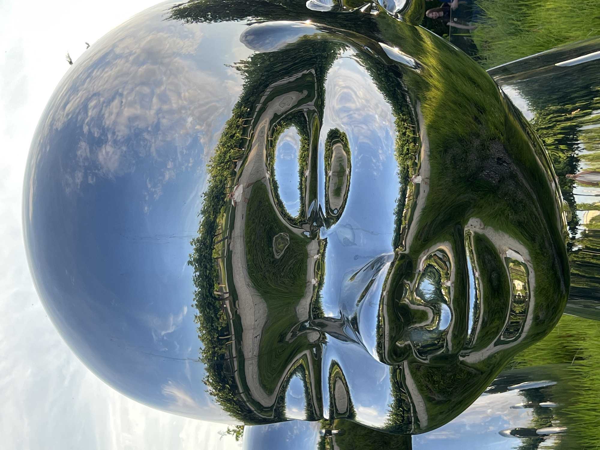 The image shows a close-up, distorted reflection of a person's face on a highly polished, spherical sculpture. The sculpture is outdoors, set amidst a grassy area with trees and a paved pathway. The sky, with clouds, is also reflected prominently on the sculpture's surface. Two individuals are visible in the background reflection, one appearing to be smiling. The lighting suggests it is daytime, likely sunny, given the bright reflections. The overall scene conveys a sense of modern art in an outdoor, possibly park-like, setting. The sculpture itself is the primary subject, with the reflections of the environment and people adding layers of detail and context. No visible text is present.