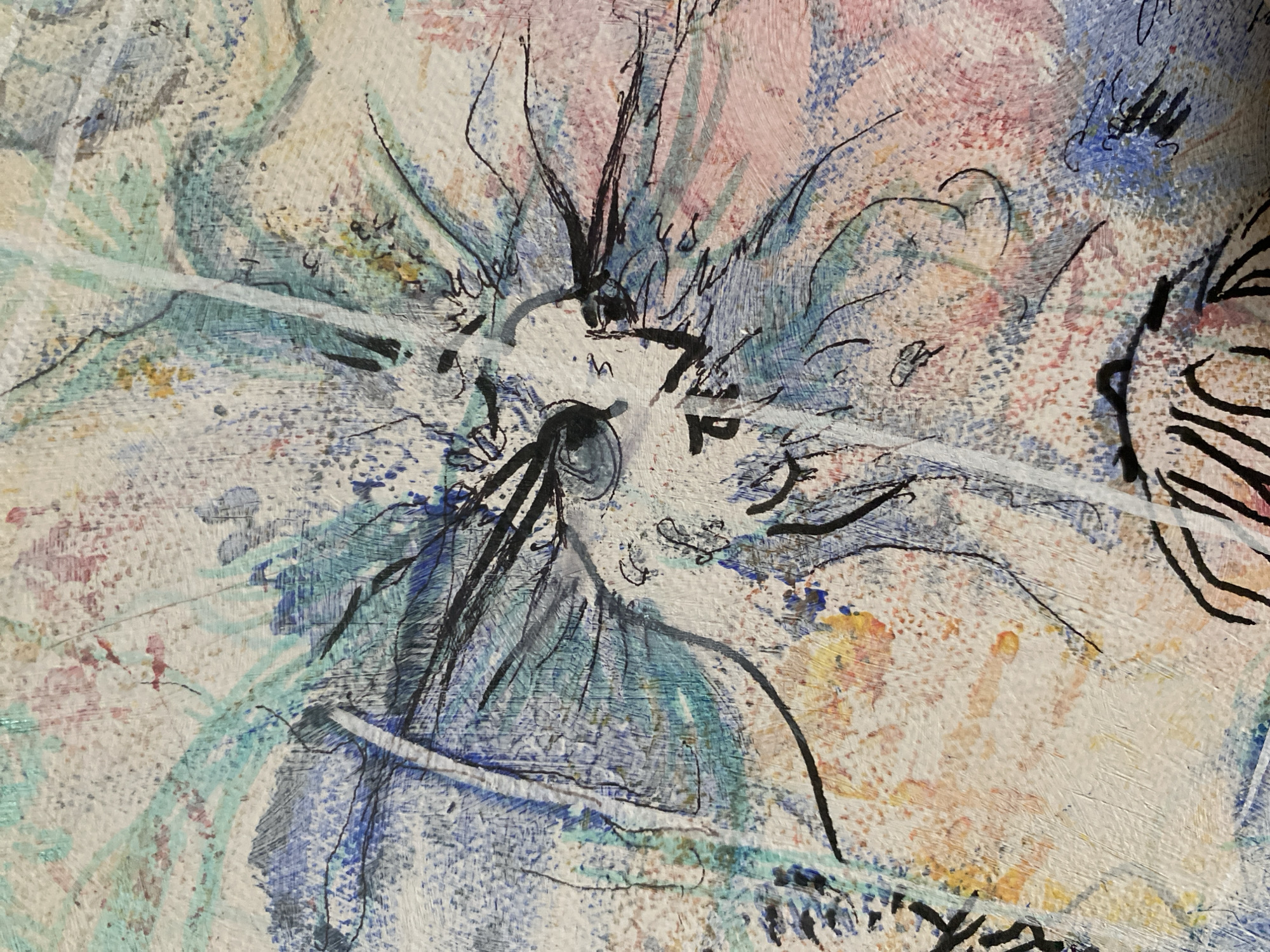 This is a close-up, abstract painting with a textured surface. The artwork features a chaotic blend of colors, primarily blues, pinks, and whites, with scattered speckles of yellow and red. Black ink lines are overlaid on the painted areas, suggesting abstract forms, possibly a face or a creature with prominent eyes and spiky hair-like protrusions. The painting is abstract and does not depict a recognizable scene from Thira Municipal Unit, Greece.