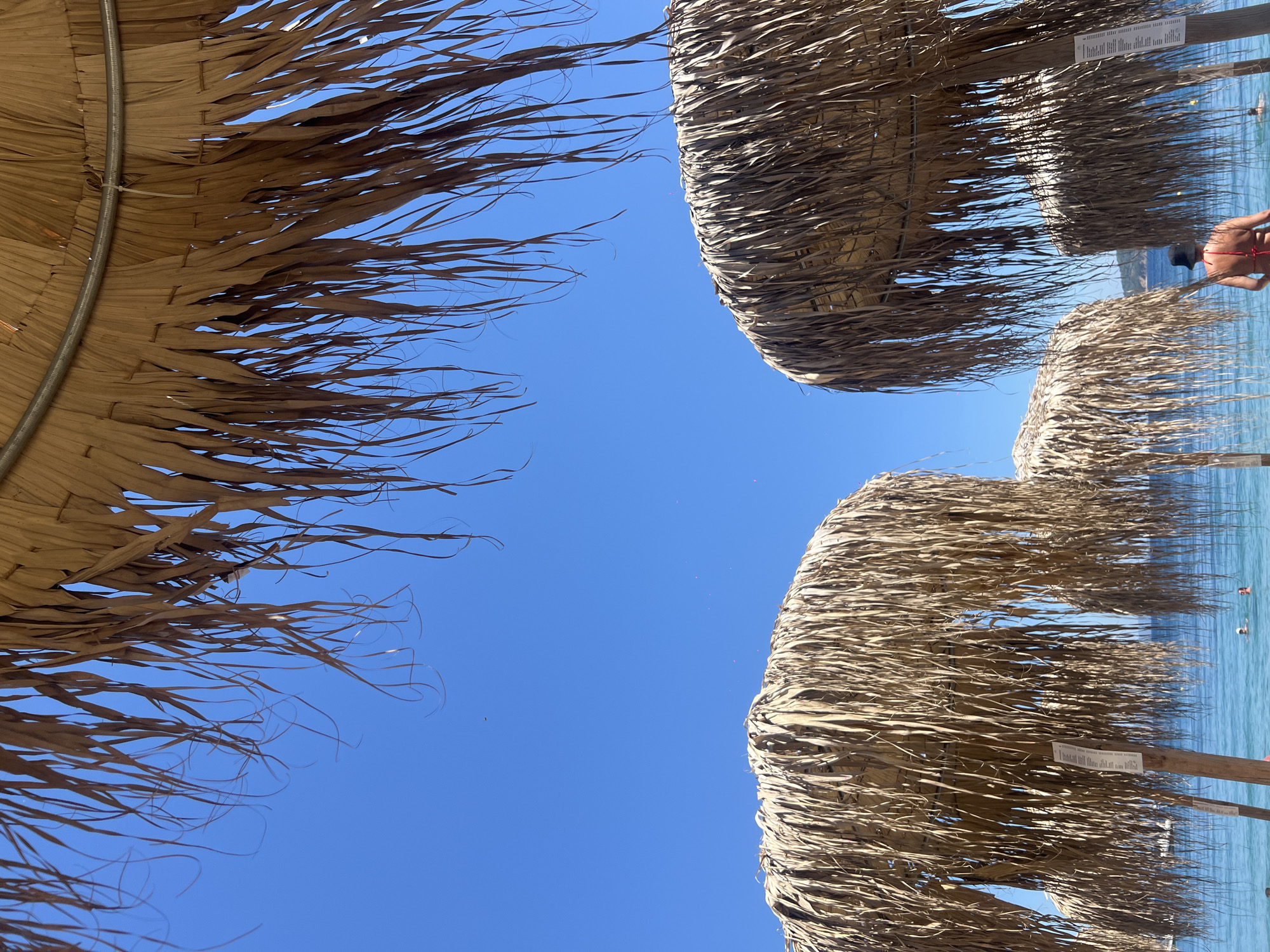 The image captures a sunny day at Achladias beach in Greece, with the foreground dominated by the dry, straw-like canopies of several beach umbrellas. These umbrellas are made of natural materials, with long, dried fronds hanging down, obscuring parts of the background. The bright blue sky serves as a backdrop, with a few small, distant objects that could be birds or insects.
In the middle ground, the clear turquoise water of the Aegean Sea is visible, with several people enjoying the water. Two individuals are partially submerged, appearing to swim or relax. Further back, a person is standing on the beach or at the water's edge, wearing a red bikini and a black hat, facing away from the camera and towards the sea.
The scene depicts a typical summer day at a Greek beach, characterized by the natural textures of the umbrellas, the vibrant blue of the sky and sea, and the presence of beachgoers enjoying the water. The overall impression is one of a relaxed and pleasant seaside environment.
