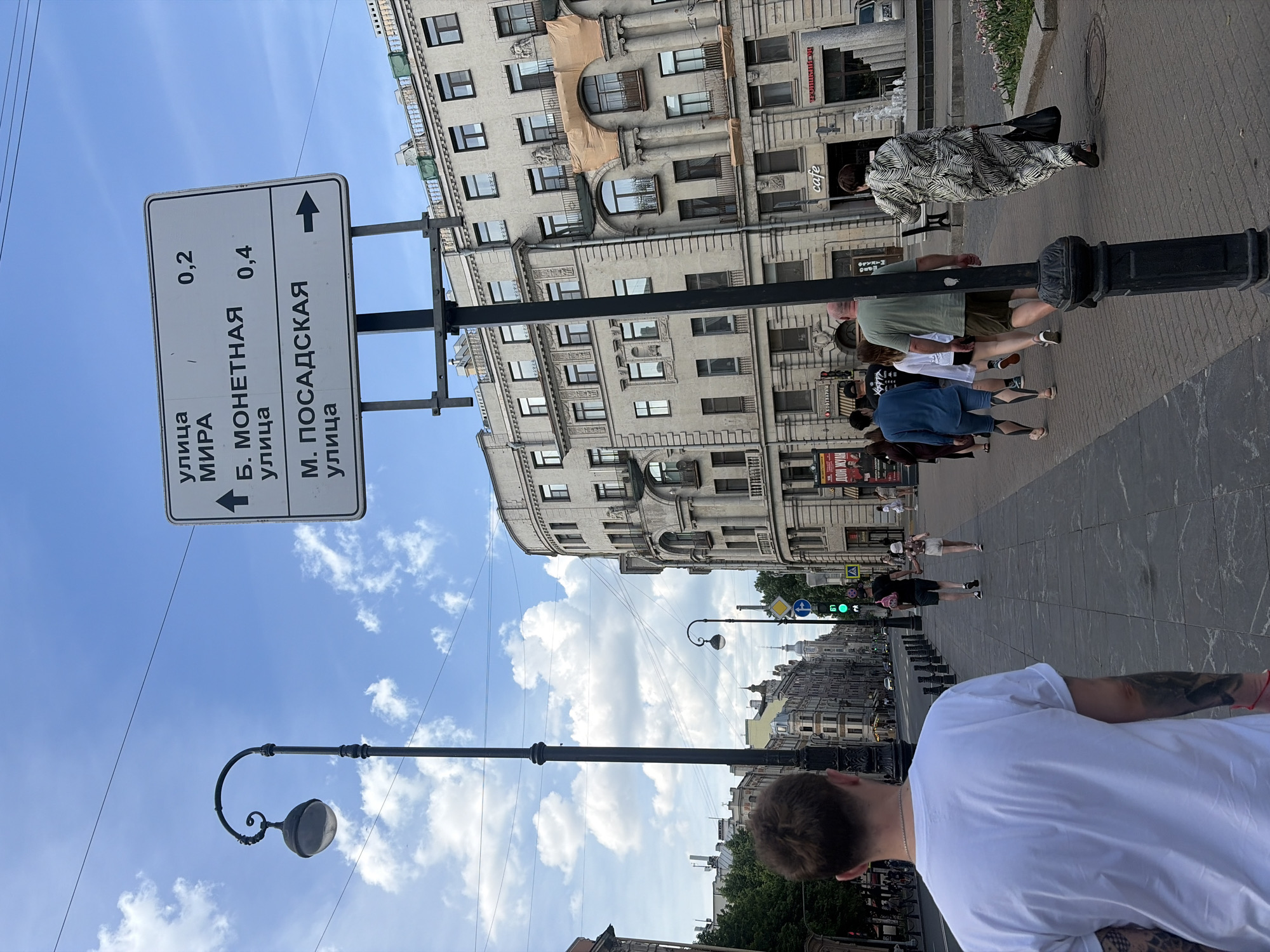 This image depicts a daytime urban street scene in Saint Petersburg, Russia, specifically at the intersection of Bolshaya Monetnaya Ulitsa and Malaya Posadskaya Ulitsa, with the view generally directed eastward along Bolshaya Monetnaya Ulitsa. In the immediate foreground, the back of a person with short brown hair is visible, wearing a white short-sleeved t-shirt. A silver chain is around their neck, and tattoos are visible on their left arm, with a red bracelet on the left wrist. Directly ahead of this person, a tall, black ornate lamppost stands prominently in the center-right of the frame. The midground features a paved sidewalk extending into the distance on the left, separated from the street by a line of black bollards. Several pedestrians are walking away from the viewer along this sidewalk. From left to right, a person with distinctive black and white geometric leg tattoos is visible. Further right, a man in a dark t-shirt and shorts with a pink backpack holds hands with a person in a white top and shorts. Behind them, a man in an olive green t-shirt and dark shorts walks next to a woman in a white long-sleeved top and dark shorts. On the far right of the sidewalk, a woman in a black and white leaf-patterned long-sleeved jumpsuit walks away from the viewer, carrying a black tote bag in her left hand. To her left, a water fountain is visible. A white street sign mounted on a black pole, adjacent to the central lamppost, displays directions in Russian: "улица МИРА" (Ulitsa Mira) straight ahead (0.2 km), "Б. МОНЕТНАЯ улица" (Bolshaya Monetnaya Ulitsa) straight ahead (0.4 km), and "М. ПОСАДСКАЯ улица" (Malaya Posadskaya Ulitsa) to the right. A green traffic light signal is visible further down the street on the left. The background is dominated by multi-story buildings characteristic of Saint Petersburg architecture. On the right, a large, light-grey building with a rounded corner features classical elements such as columns, decorative window frames, and balconies. The ground floor of this building houses businesses, including one labeled "cafe." An orange tarpaulin covers a section of the facade on one of the upper floors. Along the street receding into the distance on the left, additional multi-story buildings are visible, including one with a poster advertising "ДОН ЖУАН" (Don Juan) and another with a "КОФЕЙНЯ" (Coffee Shop) sign. Another ornate street lamp is visible further down the street. The sky