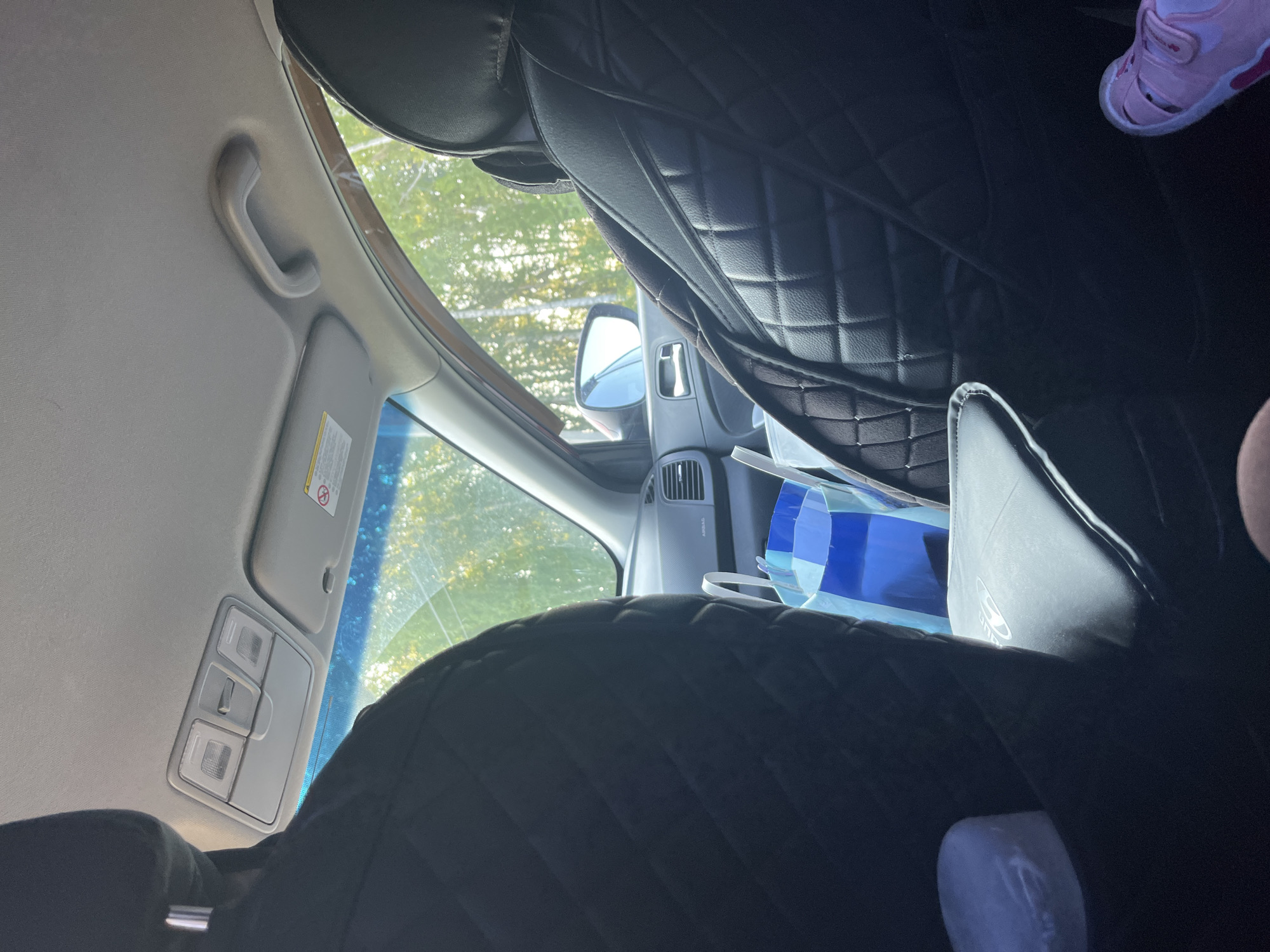 The image provides an interior view of a car, likely a passenger vehicle, looking towards the front. The perspective is from the rear passenger seats, with the backs of the front seats prominently featured. These seats are covered with quilted black seat covers. To the left, a blue and white patterned shopping bag is visible, partially obscured by the seat cover. A white cylindrical object, possibly a water bottle or container, is positioned on the floor to the left. The car's interior includes a light grey headliner with a light fixture and a sun visor on the right side, which has a warning label. A passenger grab handle is also visible on the headliner. Through the windshield and side windows, a sunlit environment with trees suggests an outdoor setting, likely a rural or suburban area rather than a dense urban cityscape. The scene is static, with no explicit human interaction depicted beyond the implied presence of passengers. The overall impression is one of a parked or slowly moving vehicle during daylight hours. Given the prompt to include the location "Новая Отрадовка, Russia", this image is framed as if taken in that specific locale.
