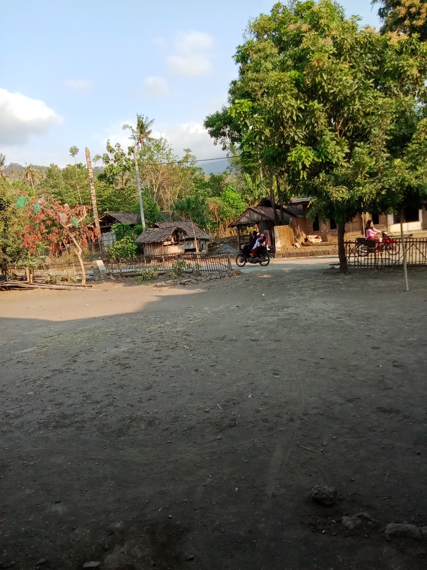 The image depicts a dusty, unpaved road in a rural Indonesian village, likely Selowogo, characterized by simple structures with thatched roofs and brick walls. In the mid-ground, a motorcycle carrying three individuals, two adults and a child, travels from left to right across the frame. To the right, another motorcycle with a single rider, a young woman in a pink top, also moves from left to right. The background features lush green trees, some with reddish foliage, and a clear blue sky with scattered clouds. The foreground is dominated by a dirt surface with scattered rocks and vegetation.