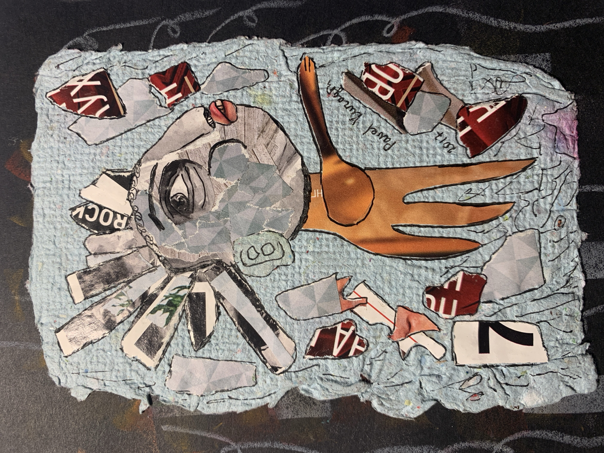 This is a mixed-media collage artwork on textured blue paper, depicting a stylized figure with a human-like face and a hand with four fingers. The figure's head is adorned with various torn paper fragments, some featuring text and imagery. The face is rendered with ripped paper pieces, a prominent eye, and red lips. The hand extends to the right, and below it, the signature "Pavel Kuragin" and the year "2017" are handwritten. Scattered around the figure are more torn paper pieces, including fragments with numbers and red and white patterns. The artwork is set against a dark background with faint, abstract markings. The image does not contain any information about the city of Sergeevo, Russia.