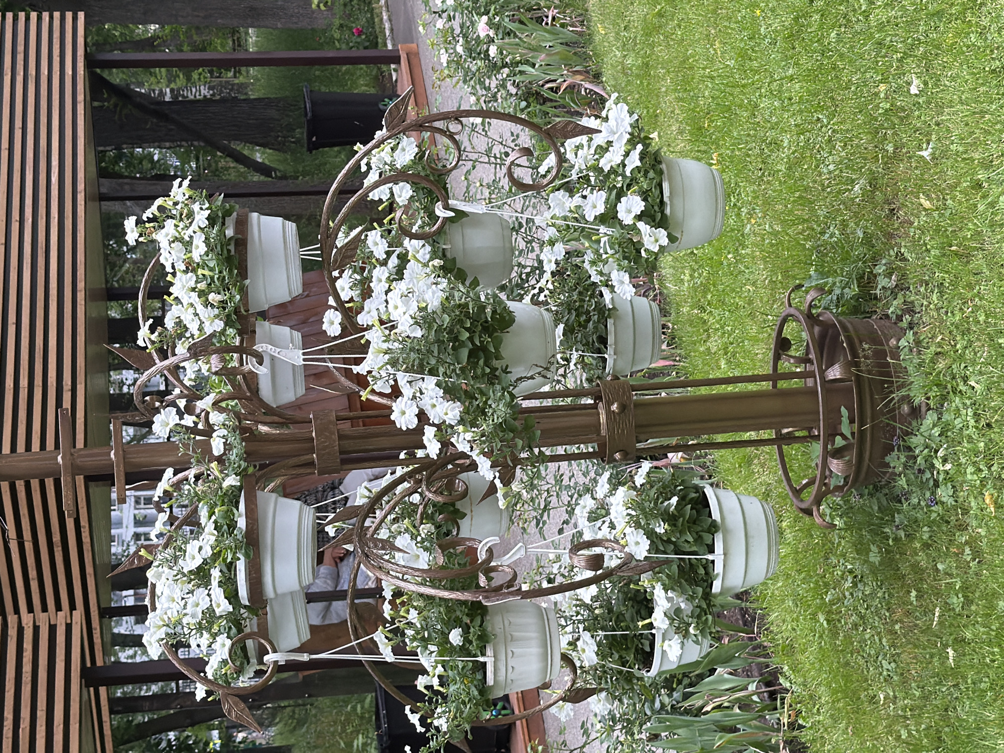 An outdoor, medium shot captures a decorative metal plant stand overflowing with white petunias. The stand, with ornate scrolled arms, holds multiple white planters suspended at various levels. The planters themselves are filled with lush green foliage and clusters of white petunias in bloom.
The stand is set against a backdrop of green grass, with a hint of a paved walkway or patio in the background. A wooden structure, possibly a pergola or gazebo roof, is visible overhead, its slatted design casting shadows. Beyond the plant stand, trees with green leaves suggest a park or garden setting. A dark trash receptacle is visible to the right of the stand, partially obscured by foliage. In the distance, a building with windows can be seen through the trees. A blurred figure of a person, possibly sitting or leaning, is faintly visible behind the plant stand. The overall scene depicts a well-maintained, decorative garden display in what appears to be a public outdoor space. This scene is unlikely to be located in the city of Perm, Russia, as there are no distinct geographical or architectural features that specifically indicate this location.